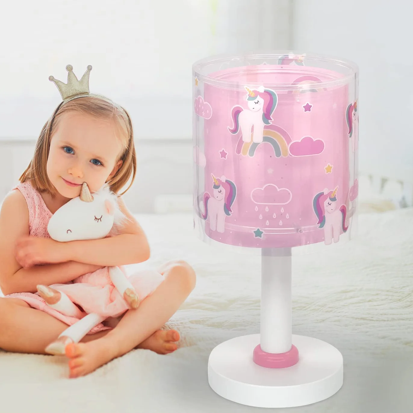 DALBER Lampe de Chevet Enfant Licorne Brille dans le Noir 30 x 13cm Ampoule E14 Rose/Blanc