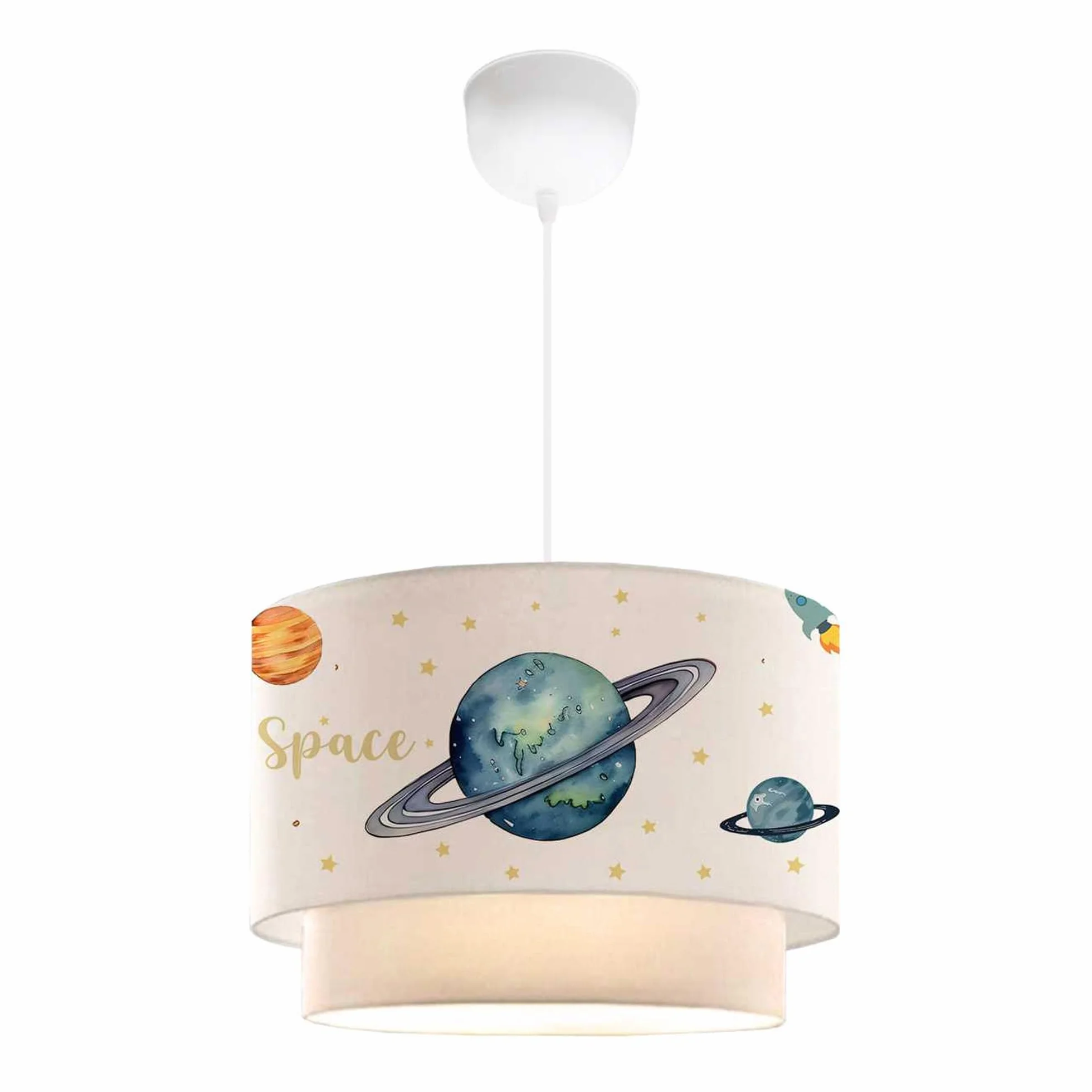 Lux.pro Suspension Luminaire Charmante Enfant Plafonnier Lustre Lampe à Suspendre Abat-jour Double E27 Plastique Tissu Hauteur 70 cm Motif Planètes Blanc