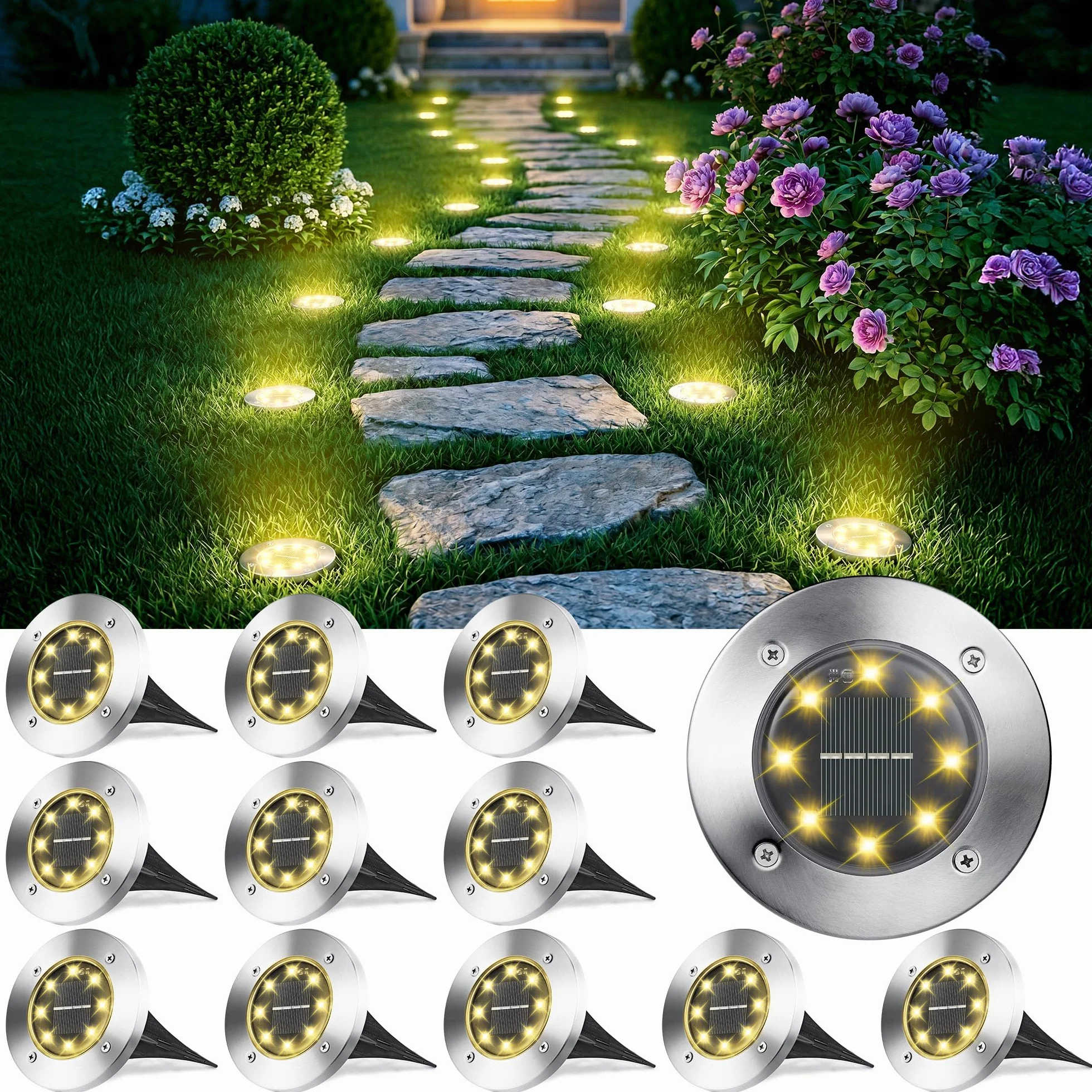 Joomer Lumière Solaire Extérieur 12 Pièces Lampe Solaire Jardin Blanc Chaud 8 LED 3000K IP65 Spot Solaire Encastrable Éclairage Chemin Pelouse