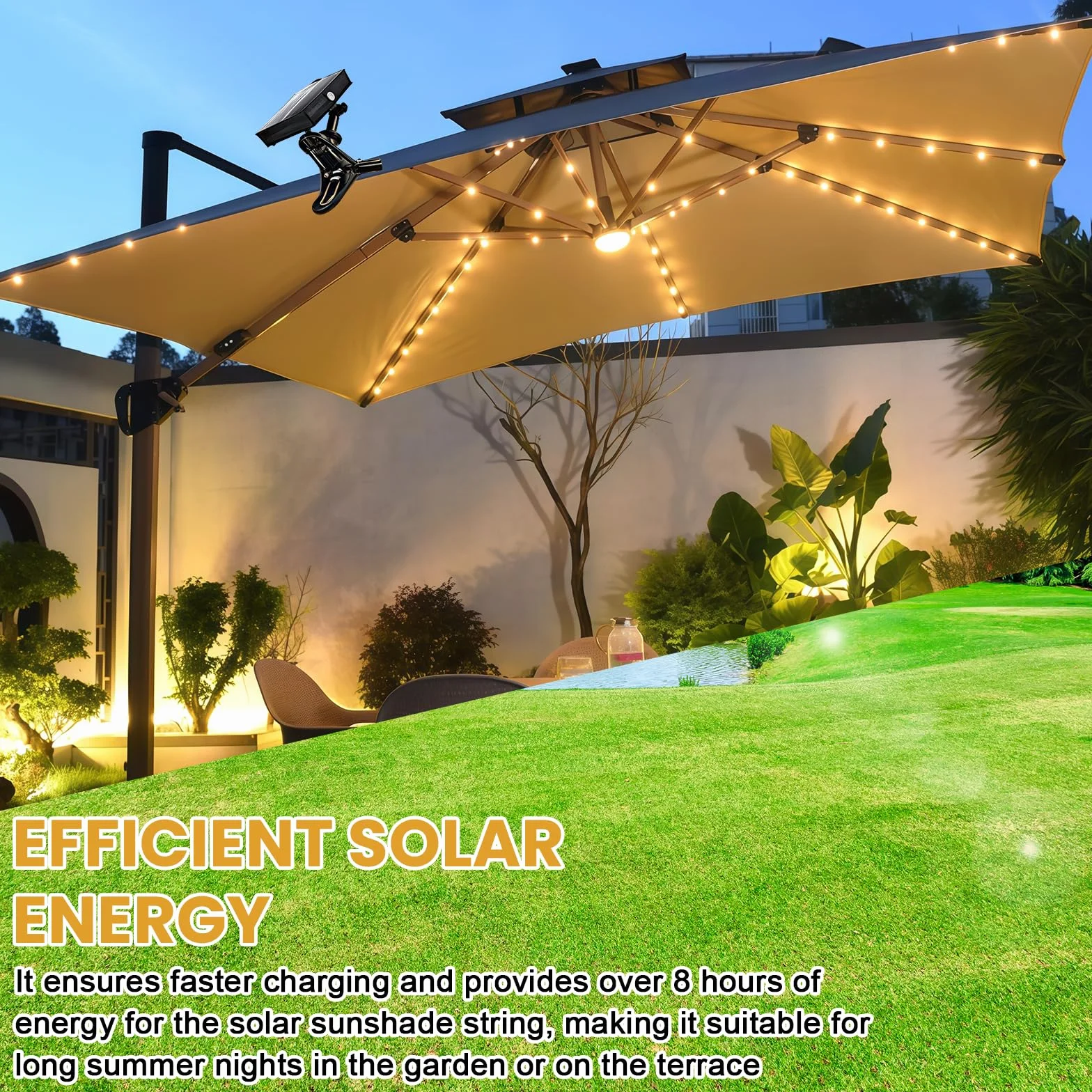 Guirlande lumineuse solaire pour parasol LED 104 LED IP67 étanche 8 modes télécommande