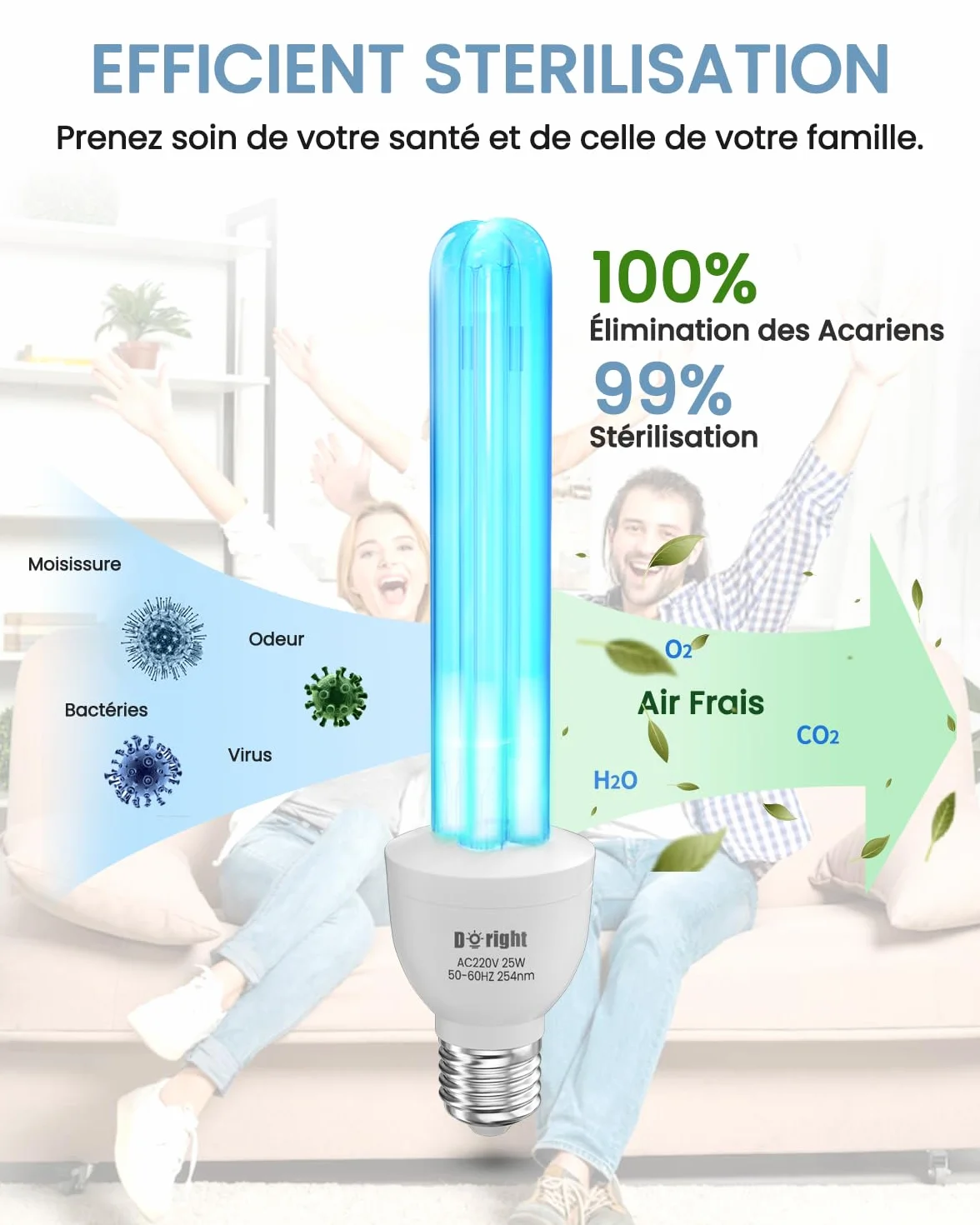 DoRight 2 Pièces Lampe UV Germicide UVC 25W E27 Ozone 254nm AC220-240V
