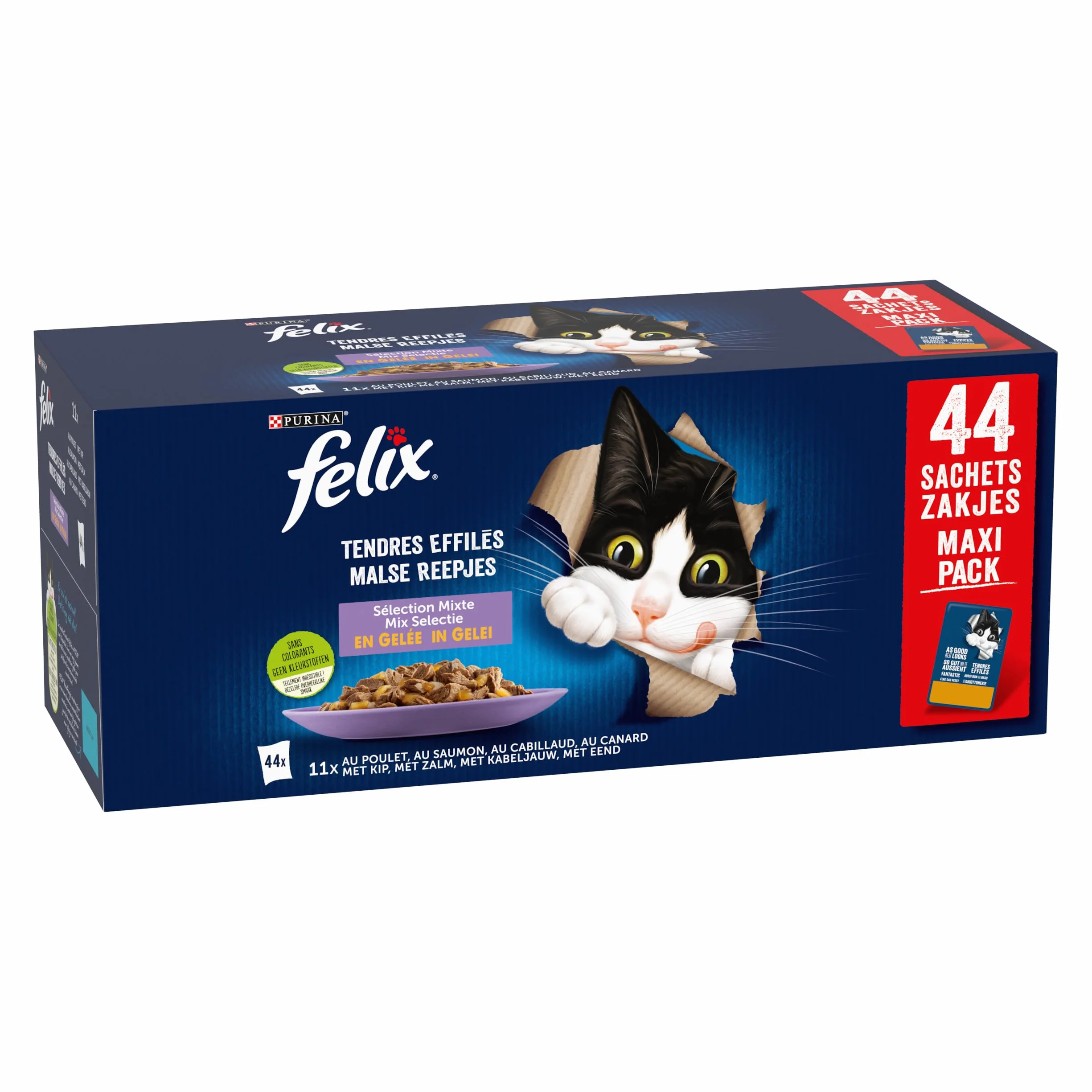 FELIX Tendres Effilés En Gelée Chat Adulte Sélection Saumon Poulet Canard Cabillaud Sachets Fraîcheurs 44 x 85g