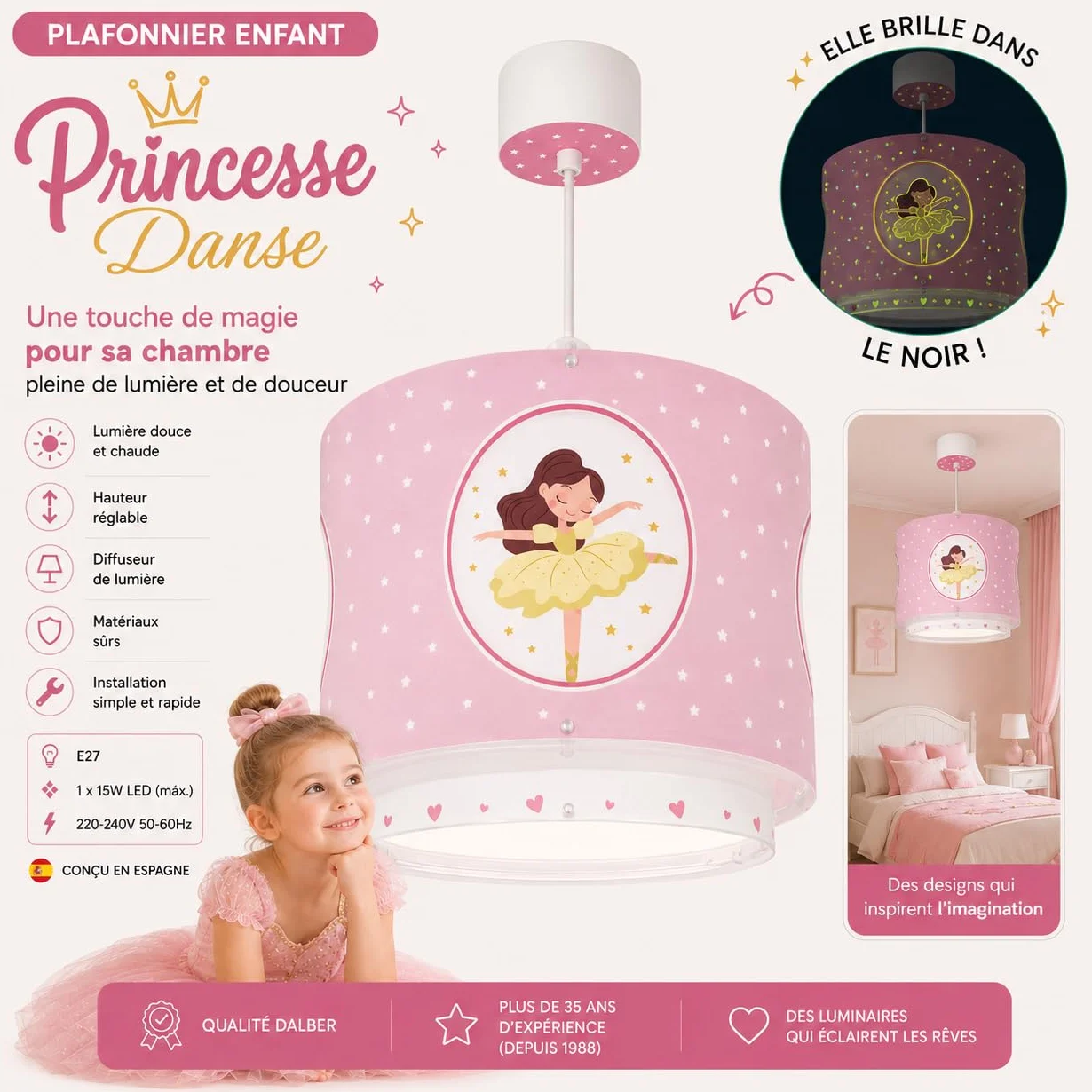 Dalber Lampe Suspension Plafonnier Enfants Ballerine E27