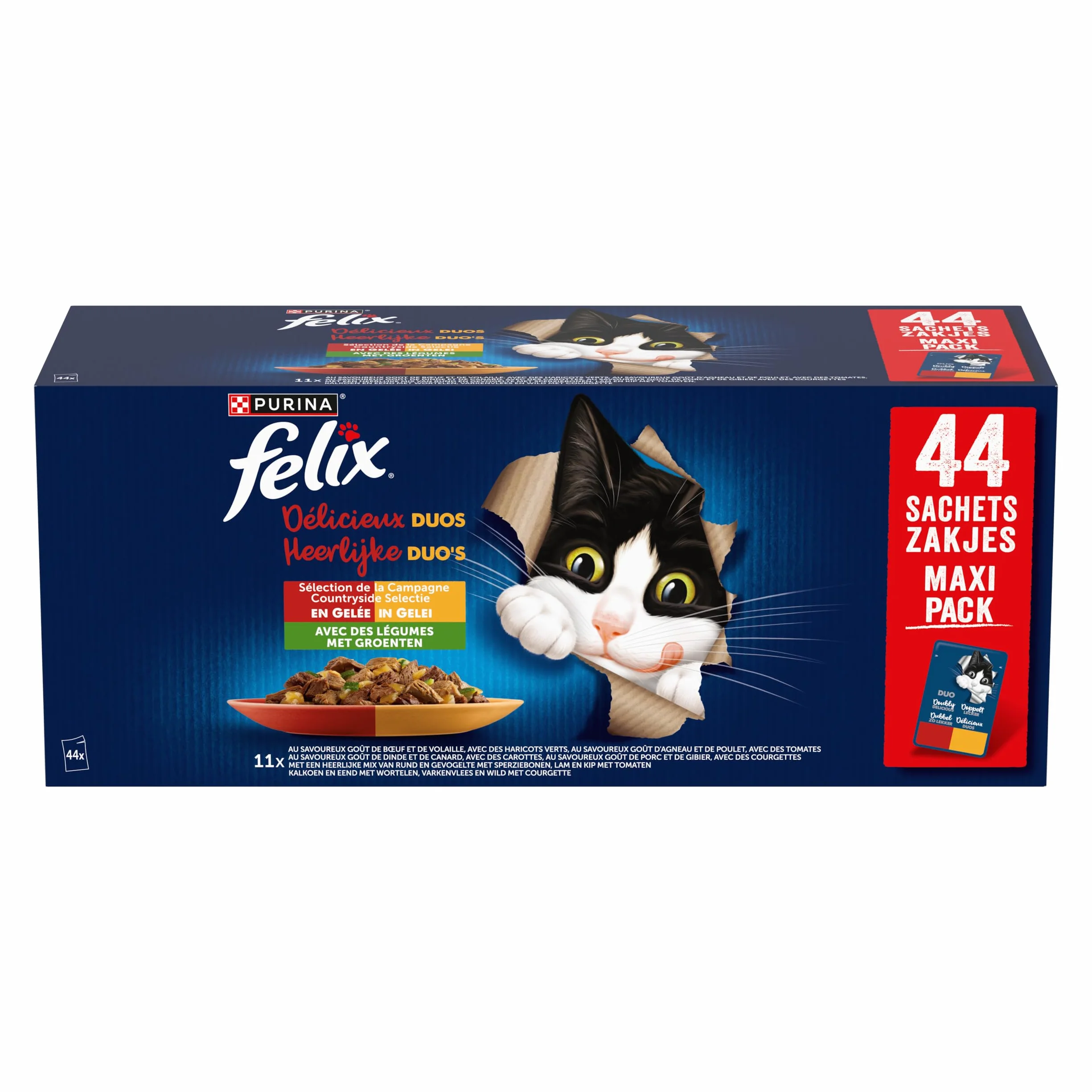 FELIX Délicieux Duos En Gelée Chat Adulte Sélection de la Campagne aux Légumes Sachets Fraîcheurs 44x85g