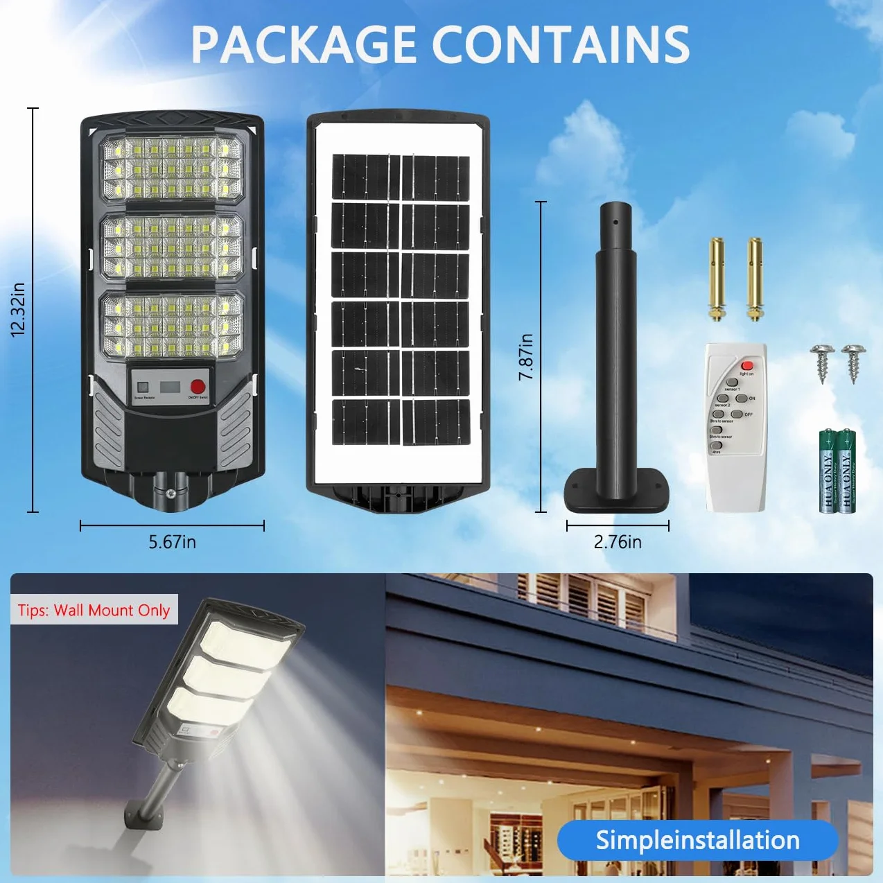 Lampadaires solaires extérieurs 8500K LED étanche mouvement détecteur télécommande sécurité