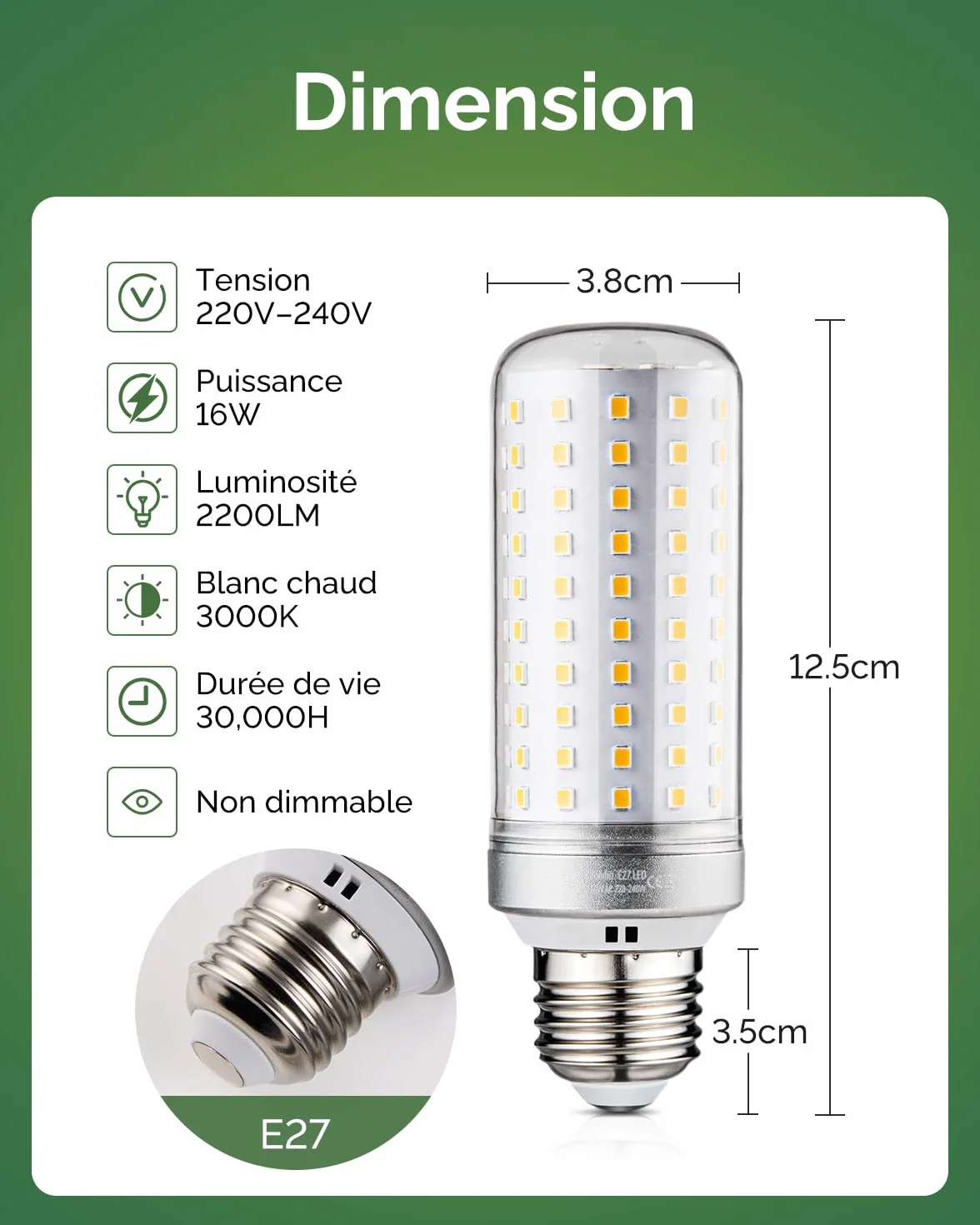 Fondiiz Ampoule LED E27 Blanc Chaud 3000K 16W 2200LM Équivalent 200W Halogène 220-240V Non-dimmable Lot de 4
