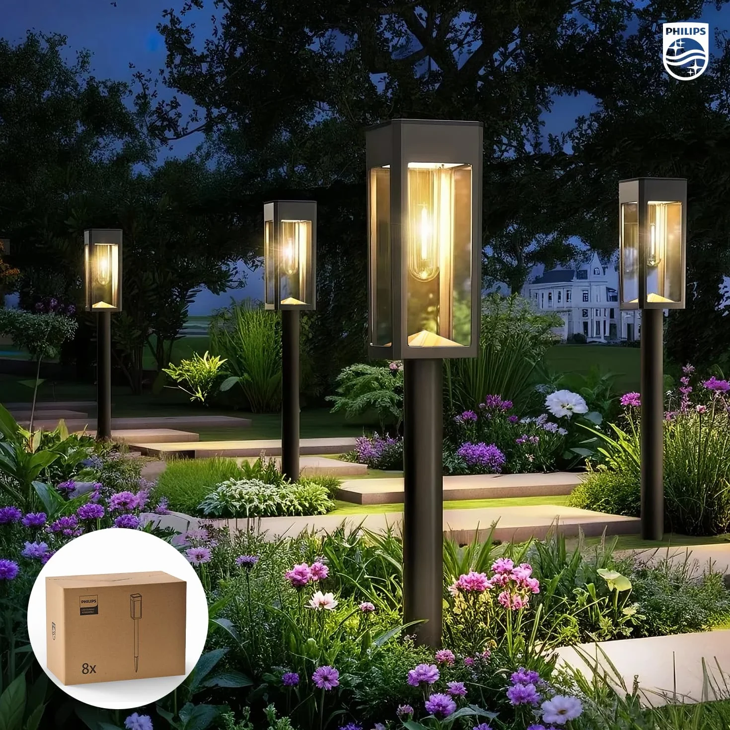 Philips Lot de 8 Lampes Solaires LED pour Allées Jardin, Verre Métal, 3000K Blanc Chaud, Étanche