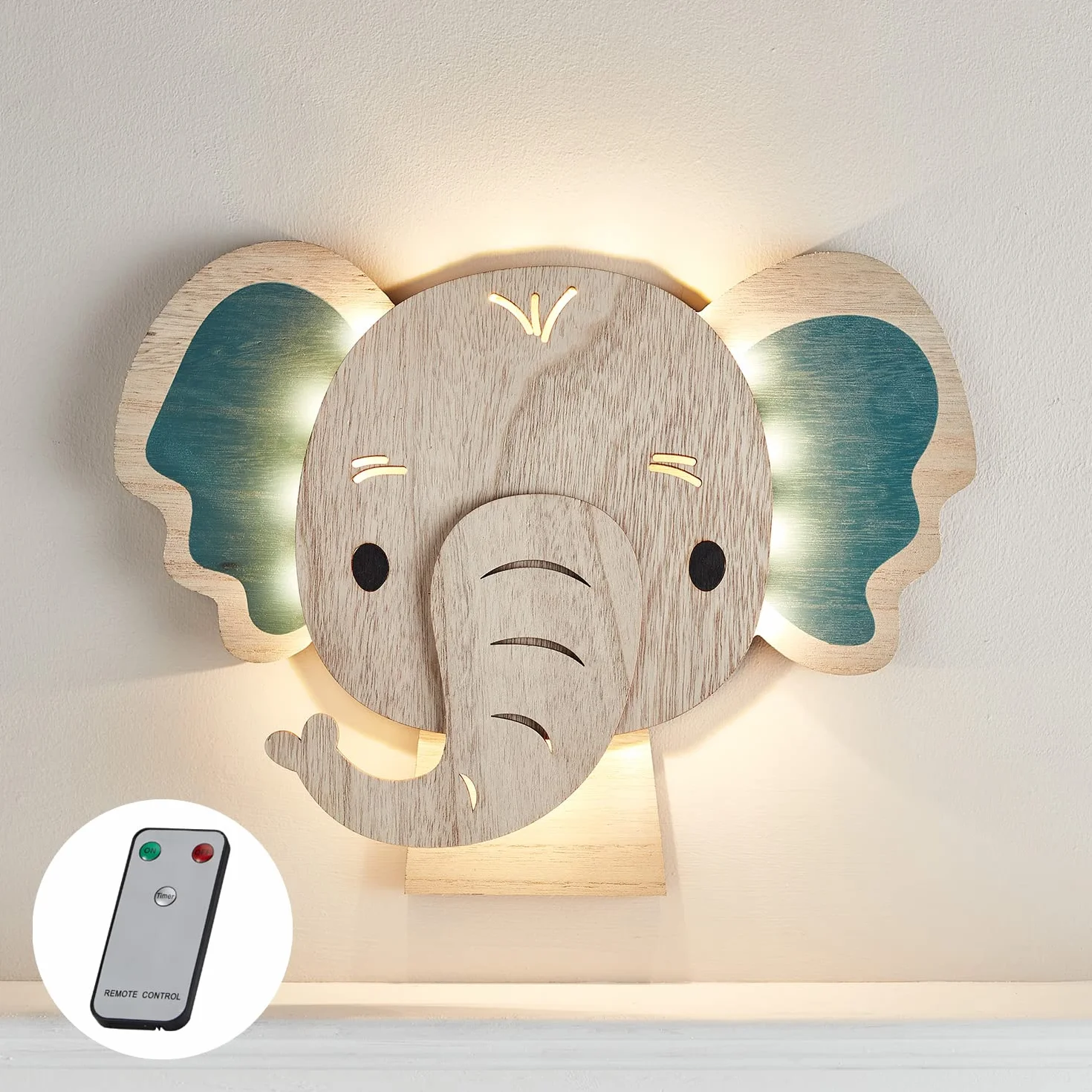 Lights4fun Applique Murale Enfant Eléphant 34 LED Blanc Chaud Piles Intérieur