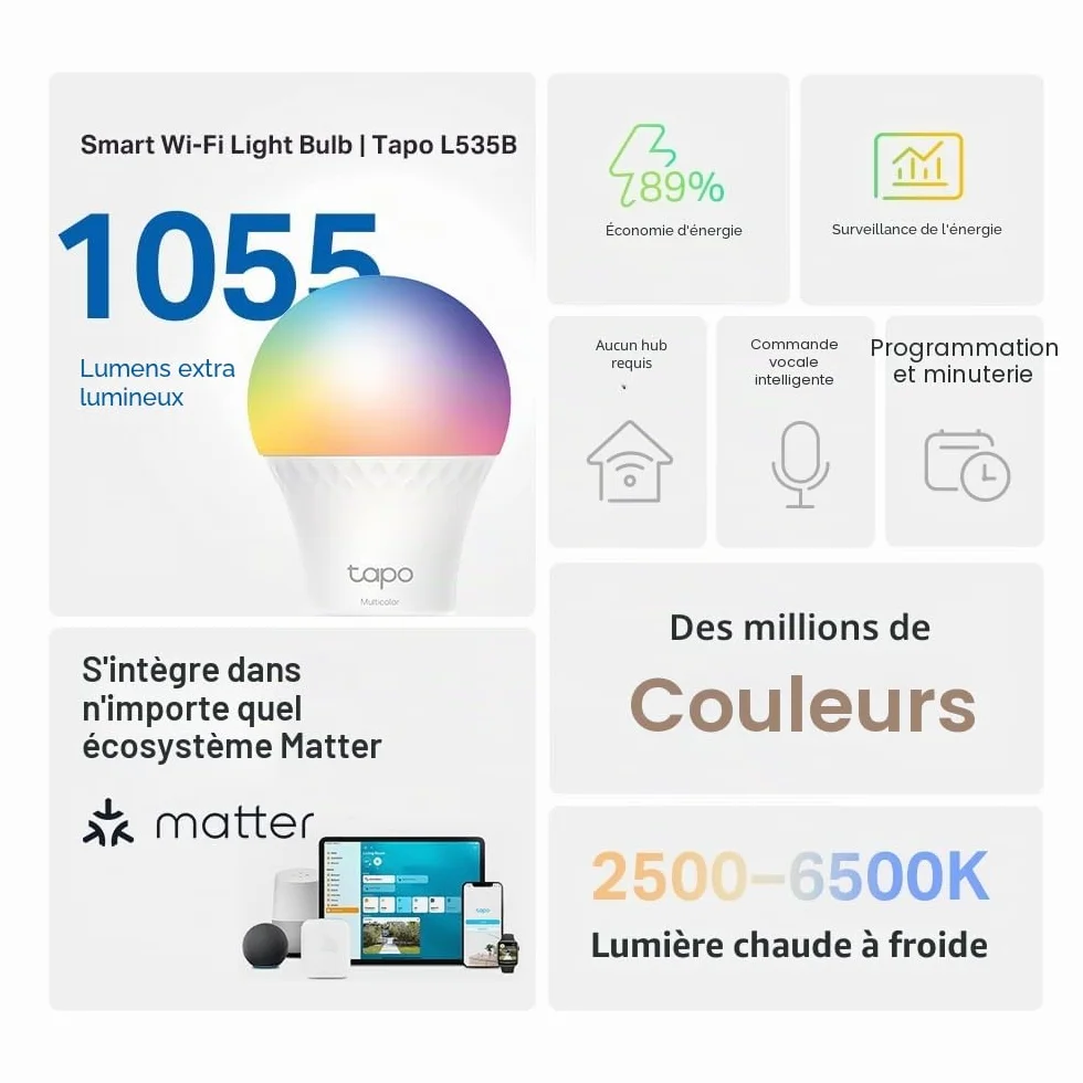 Tapo Ampoule intelligente B22 Matter, 1055 lm, 8,6 W, surveillance énergie, intensité variable, compatible Alexa Apple HomeKit