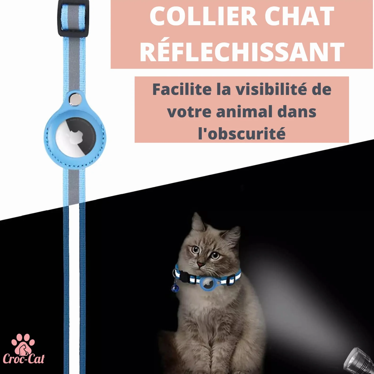 Collier Chat Croc-Cat Compatible Apple AirTag Localisation Léger Confortable Sécurité Maximale