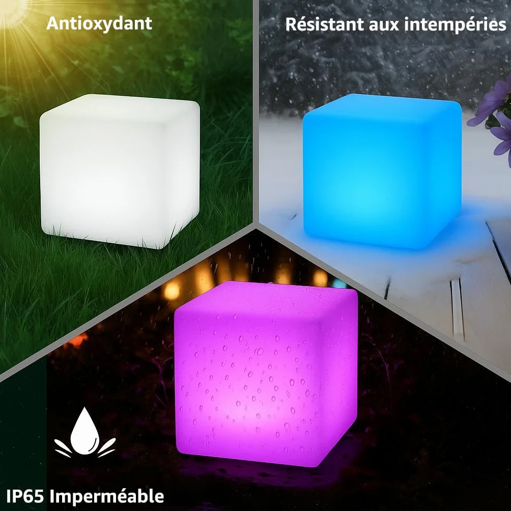 Mr.Go 10" LED Cube Lumineux Lampe d'Ambiance avec Télécommande, 16 Couleurs RGB, Dimmable, Rechargeable, Imperméable Intérieur Extérieur