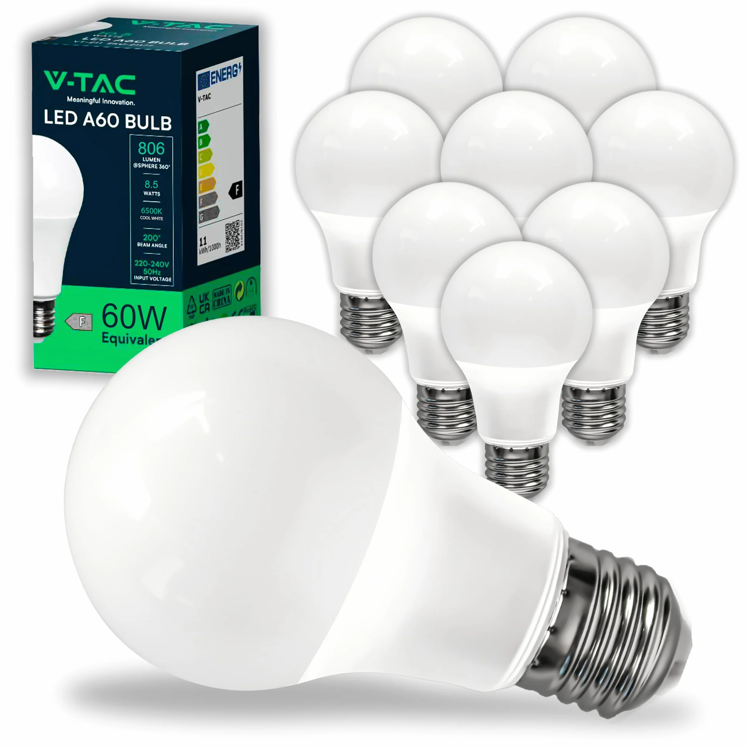 V-TAC Ampoule LED E27 8,5W Equivalent 60W A60 806 Lumen 6500K Blanc Froid