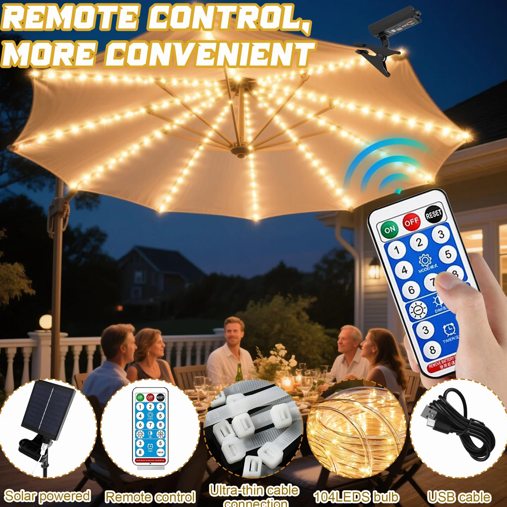 VEEKAY Lumières Solaires De Parapluie 104 LED 8 Modes Avec Télécommande