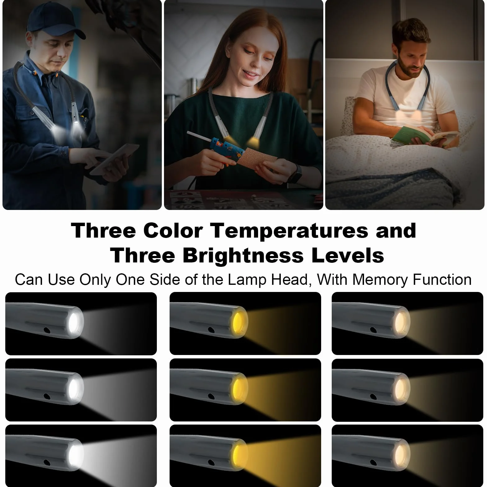 KEWUZY Lampe de Lecture de Cou Rechargeable, 3 Couleurs 3 Niveaux Luminosité Réglables, Bras Pliables, Mémoire, Longue Durée, pour Lecture Tricoter Camping