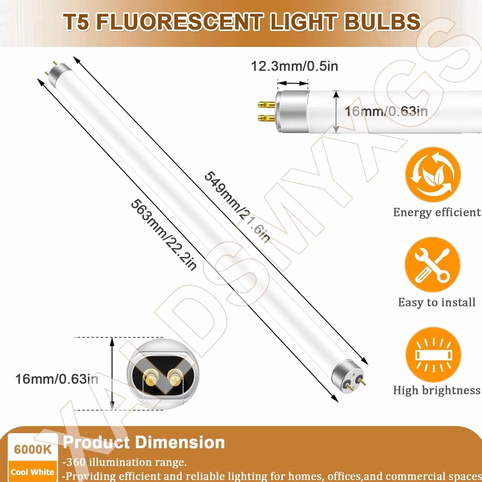 Tubes Fluorescents T5 G5 14W 549mm Blanc Froid 6000K AC 220-240V 1156LM