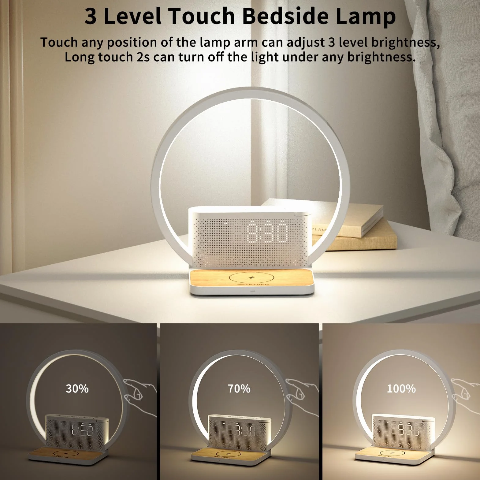 Lampe de chevet tactile avec chargeur sans fil Qi 10W, réveil lumineux 10 sons, 3 niveaux de luminosité chambre