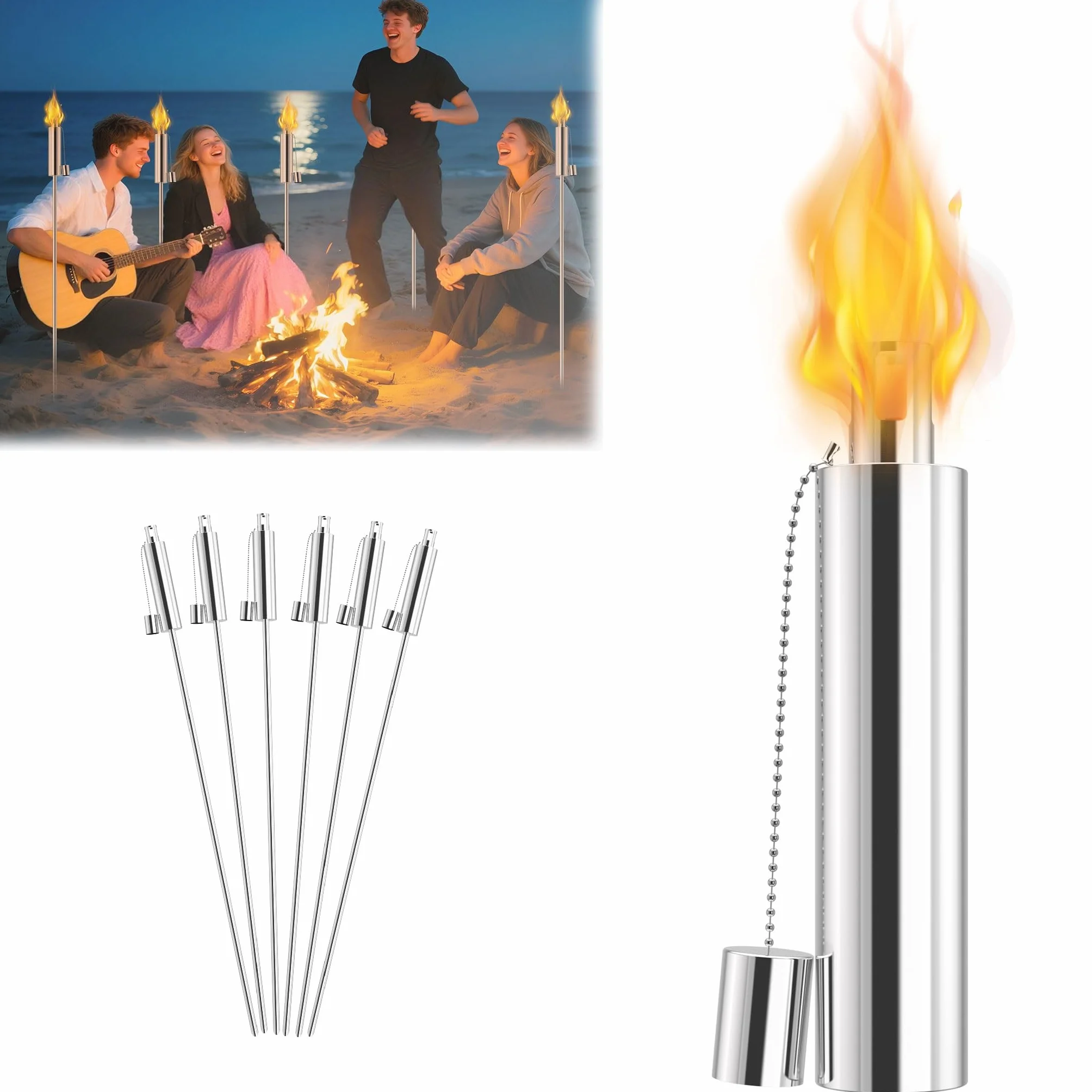 Lot de 6 torches de jardin en acier inoxydable 330 ml 115 cm rechargeable à huile