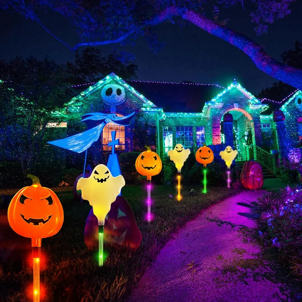 Décoration d'Halloween extérieure 6 pièces, lampes solaires LED, lanterne, pierre tombale