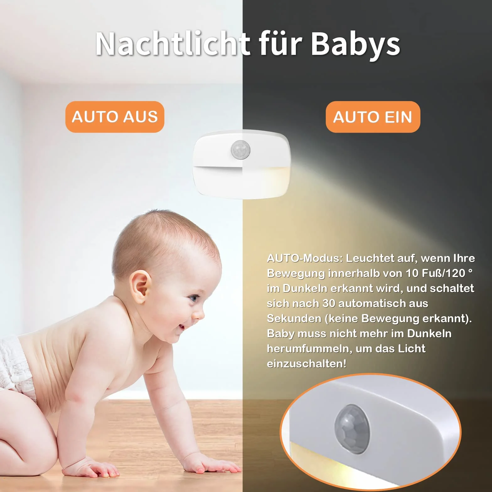 AmmToo Lot de 8 Veilleuses LED Blanc Chaud Capteur PIR 3-5m Extinction Auto 30s 0,5W Piles AAA