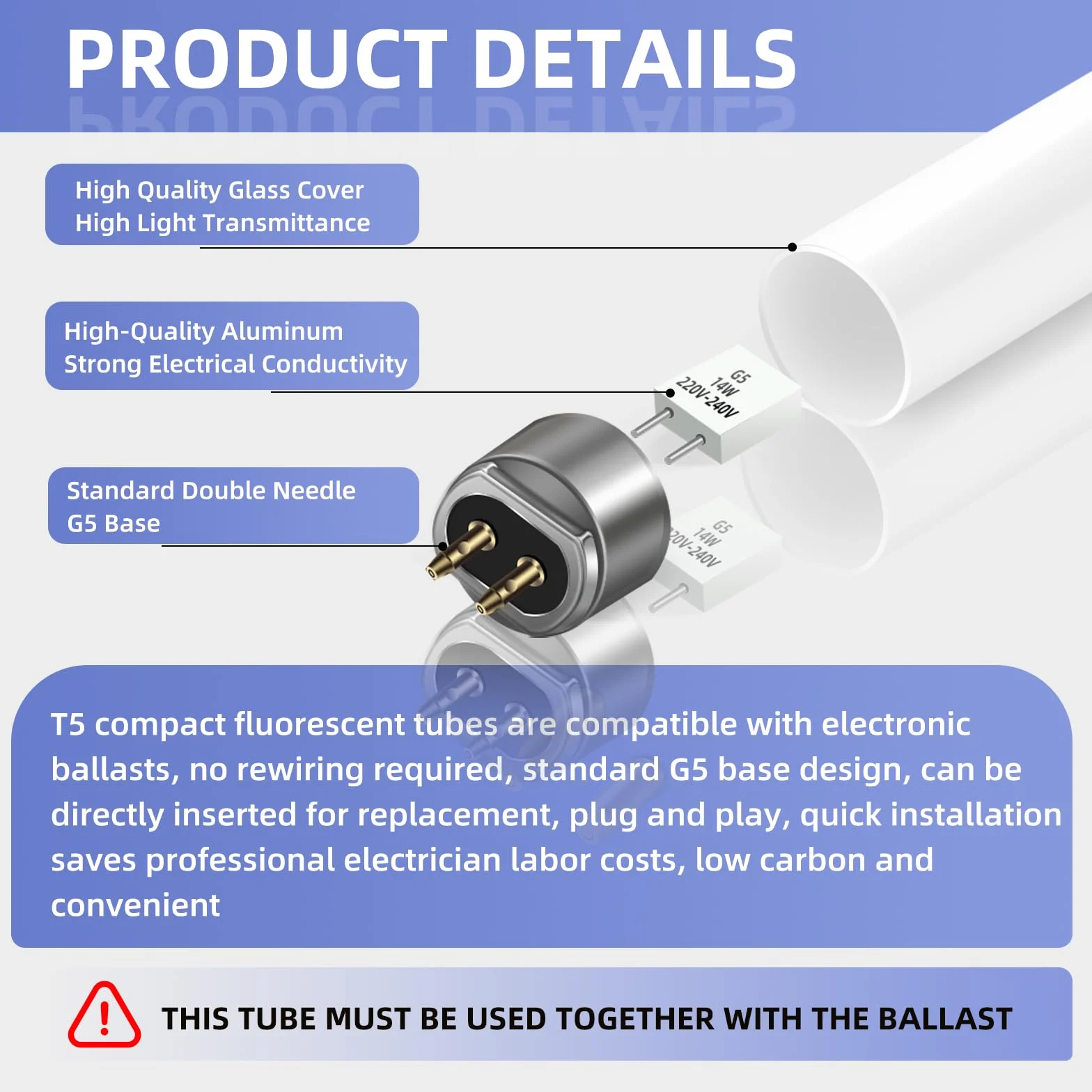 Tubes Fluorescents 14W T5 563mm Blanc Froid 4000K G5 Faible Consommation 2 Pack