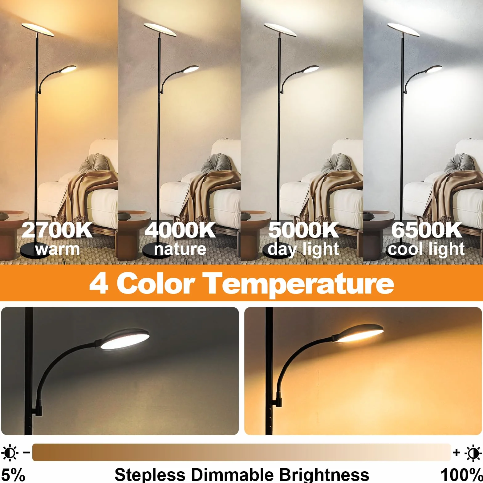 Lampadaire LED 44W 4500LM Dimmable 2700K-6500K avec Télécommande et Contrôle Tactile