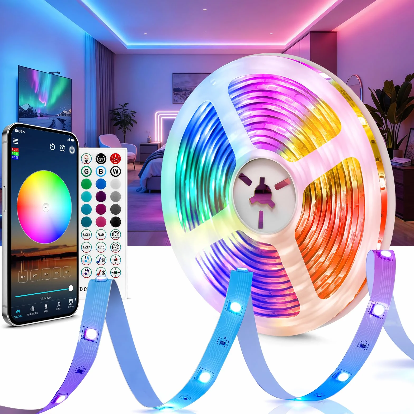 Ruban LED 5m 24V RGB avec Télécommande & App Bluetooth, Bande LED 5050 pour Intérieur Plafond Mur Lit