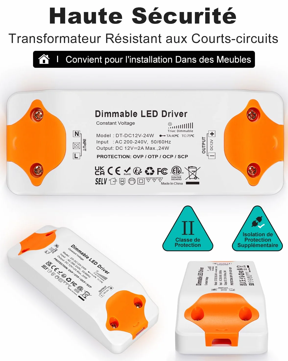 REYLAX Transformateur LED 12V Dimmable TRIAC 24W 2A Alimentation Tension Constante 220V AC DC Convertisseur