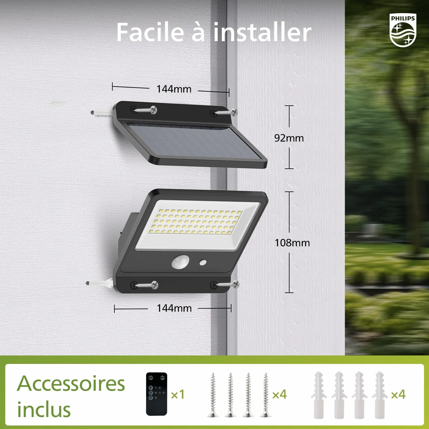 Philips Lampe de sécurité solaire d'extérieur LED 6500K projecteur mural étanche IP65 capteur de mouvement PIR télécommande 5 mètres 3 modes