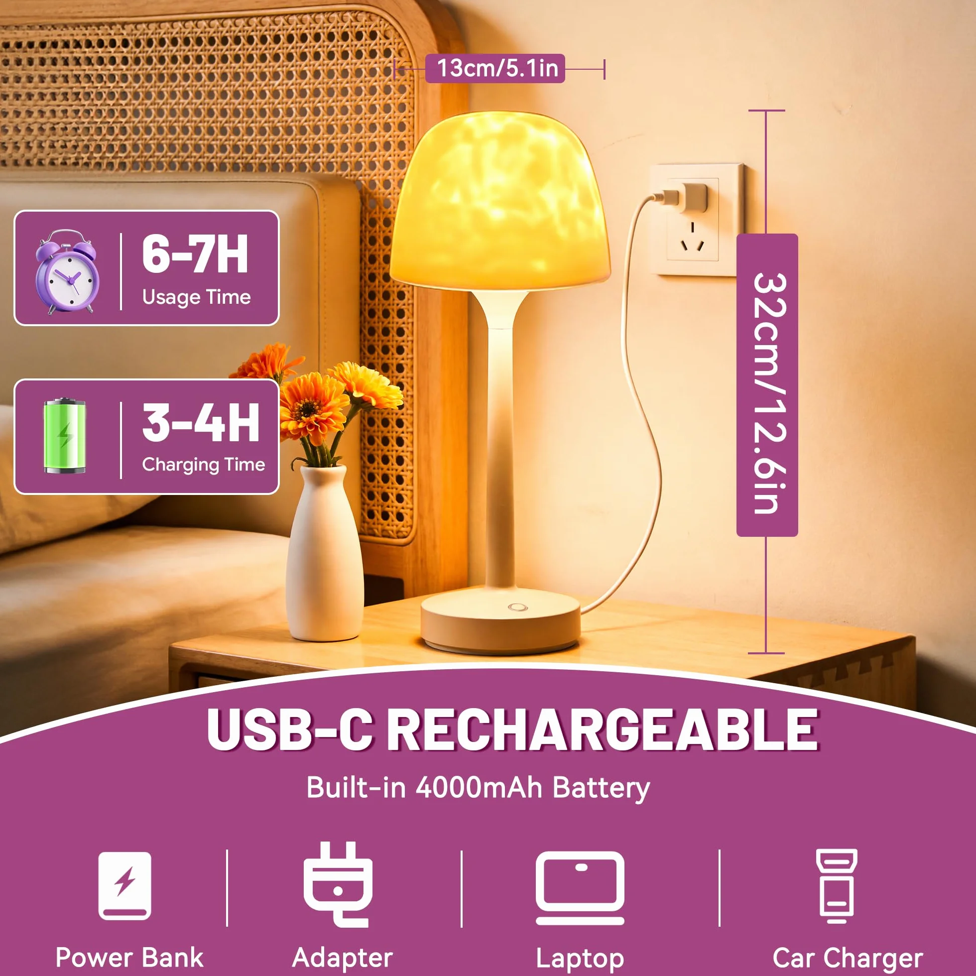 Akynite Lampe de Douche LED sans Fil 16 Couleurs RVB Étanche IP44 Tactile Télécommandée Rechargeable