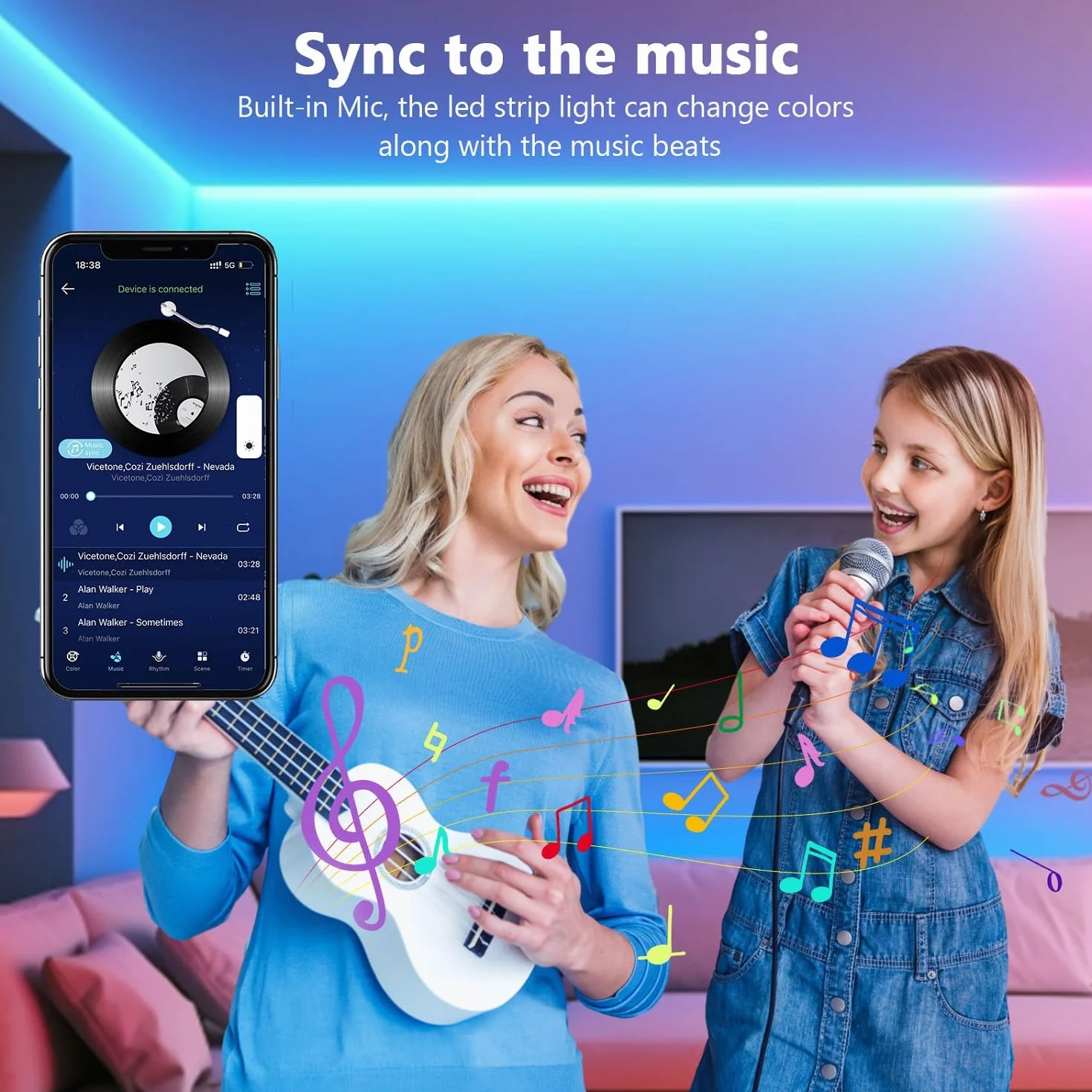 Goffii Bande LED RGB avec Bluetooth et Télécommande 44 Touches, Synchronisation Musicale, Décoration Pièce Jeux (15 mètres)