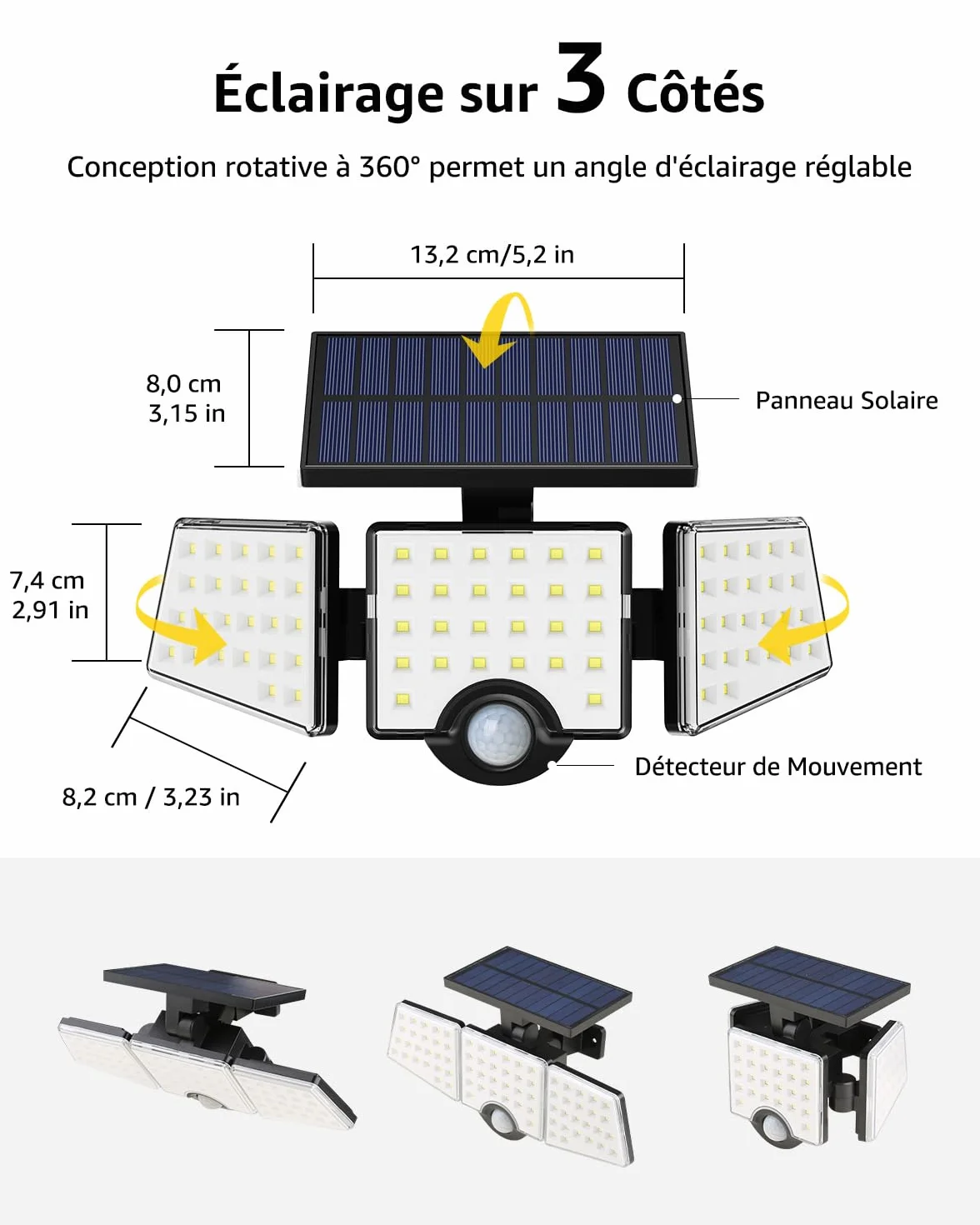 Lepro Lampe de Sécurité Solaire Extérieure 1200LM, Projecteur avec Détecteur de Mouvement PIR, 3 Têtes, IP65 Étanche