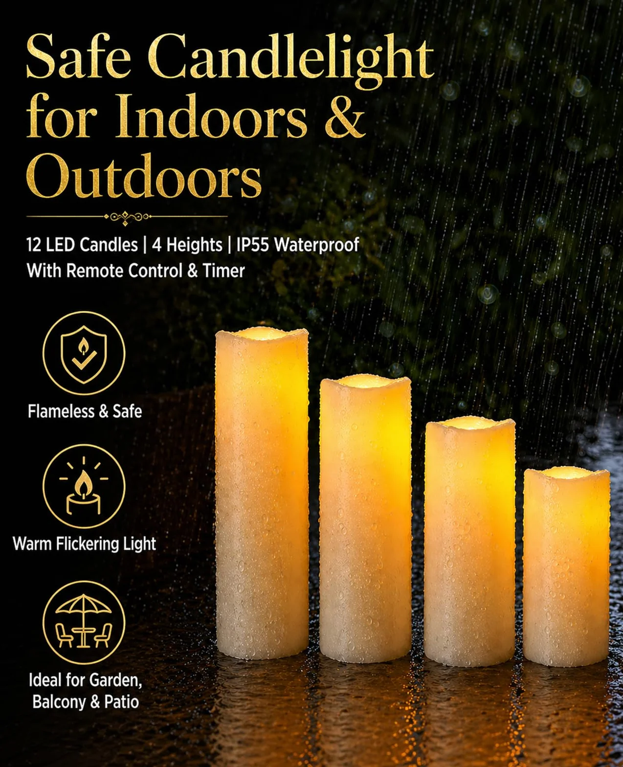Bougies LED d'extérieur IP55 avec télécommande, lot de 12, lumière blanche chaude vacillante