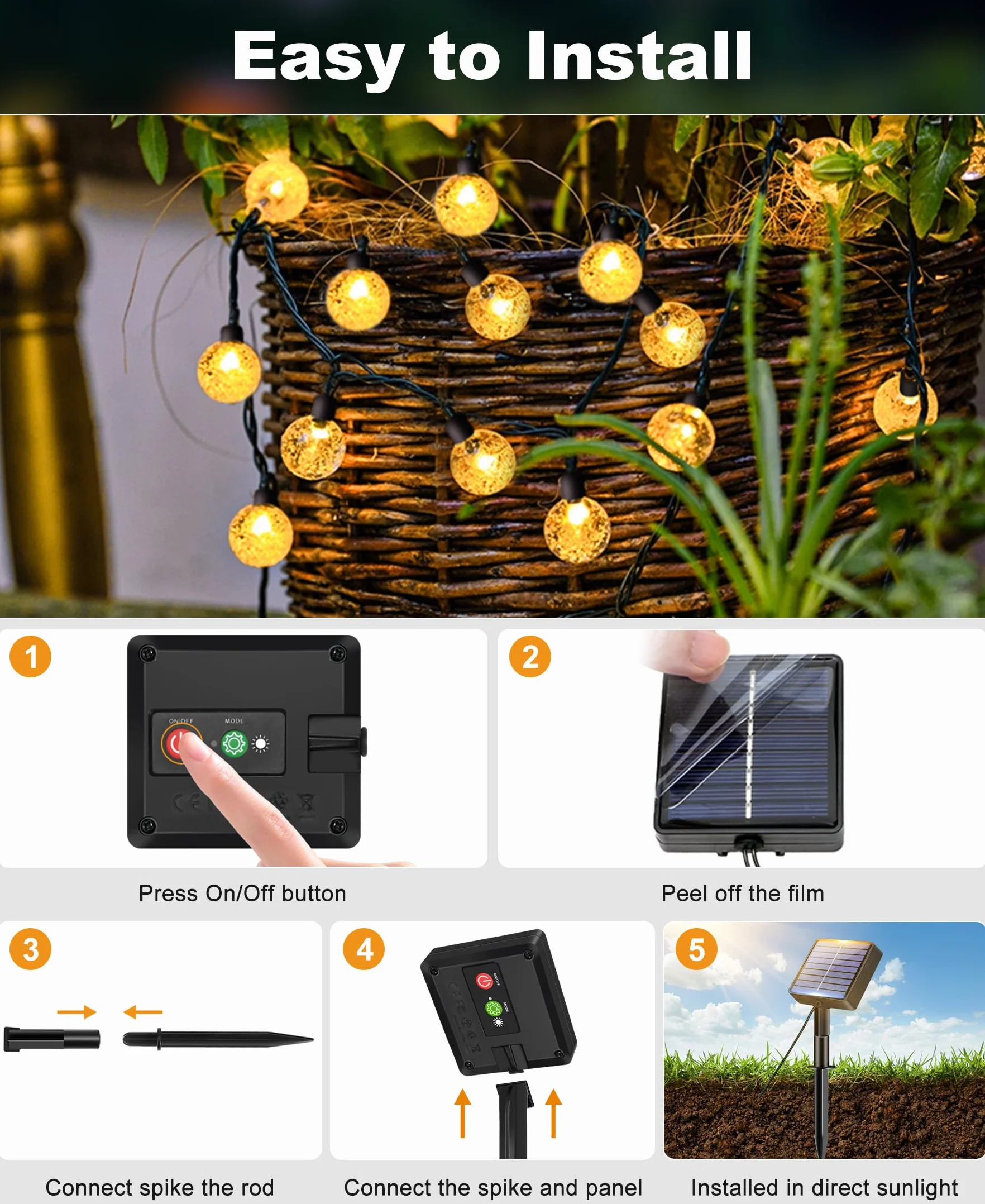 Guirlande Solaire Exterieur LED 10M IP65 Étanche 8 Modes Blanc Chaud
