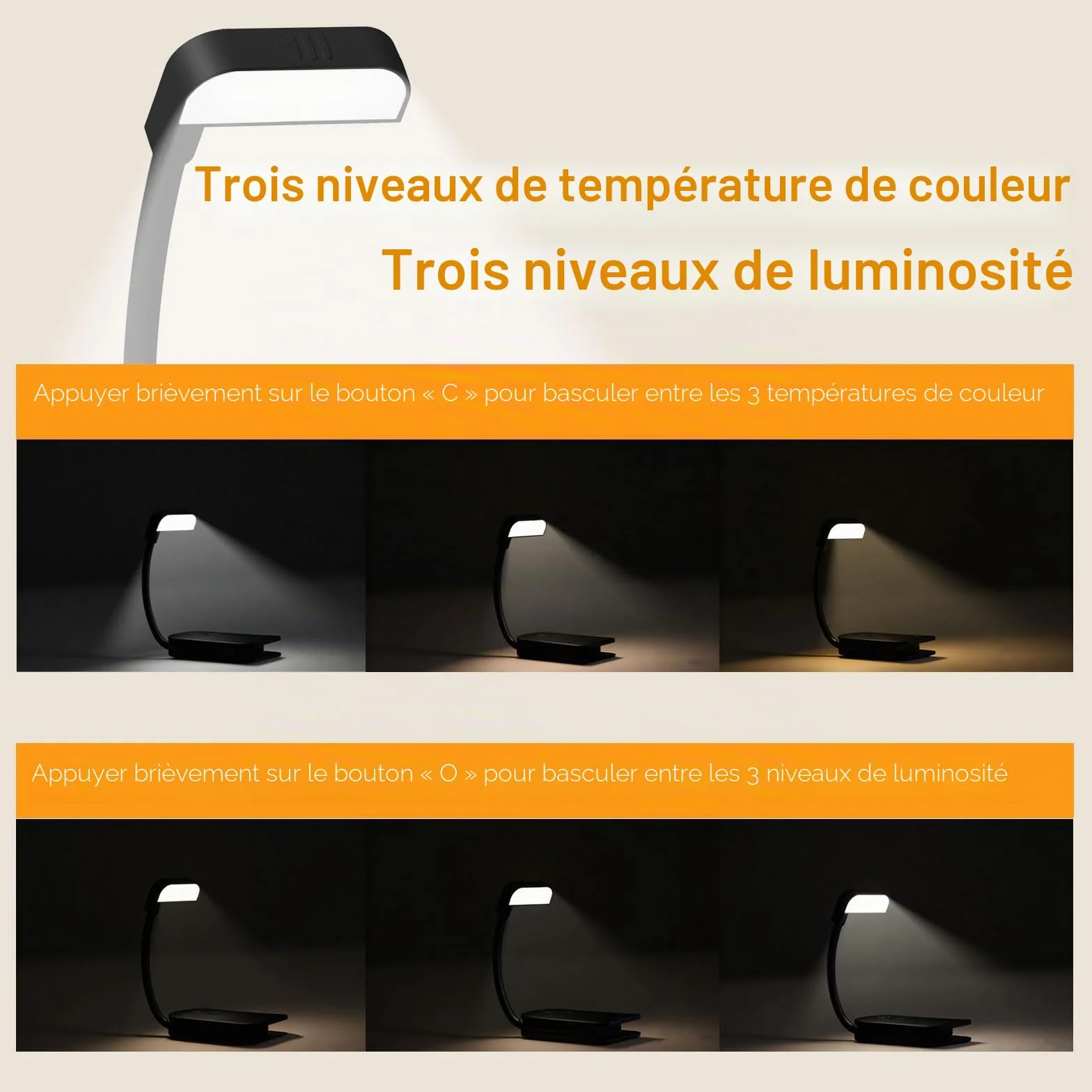 Lampe de Lecture Rechargeable 9 LED Liseuse Lampe Clip 3 Couleurs 3 Luminosités Rotation Flexible 360°