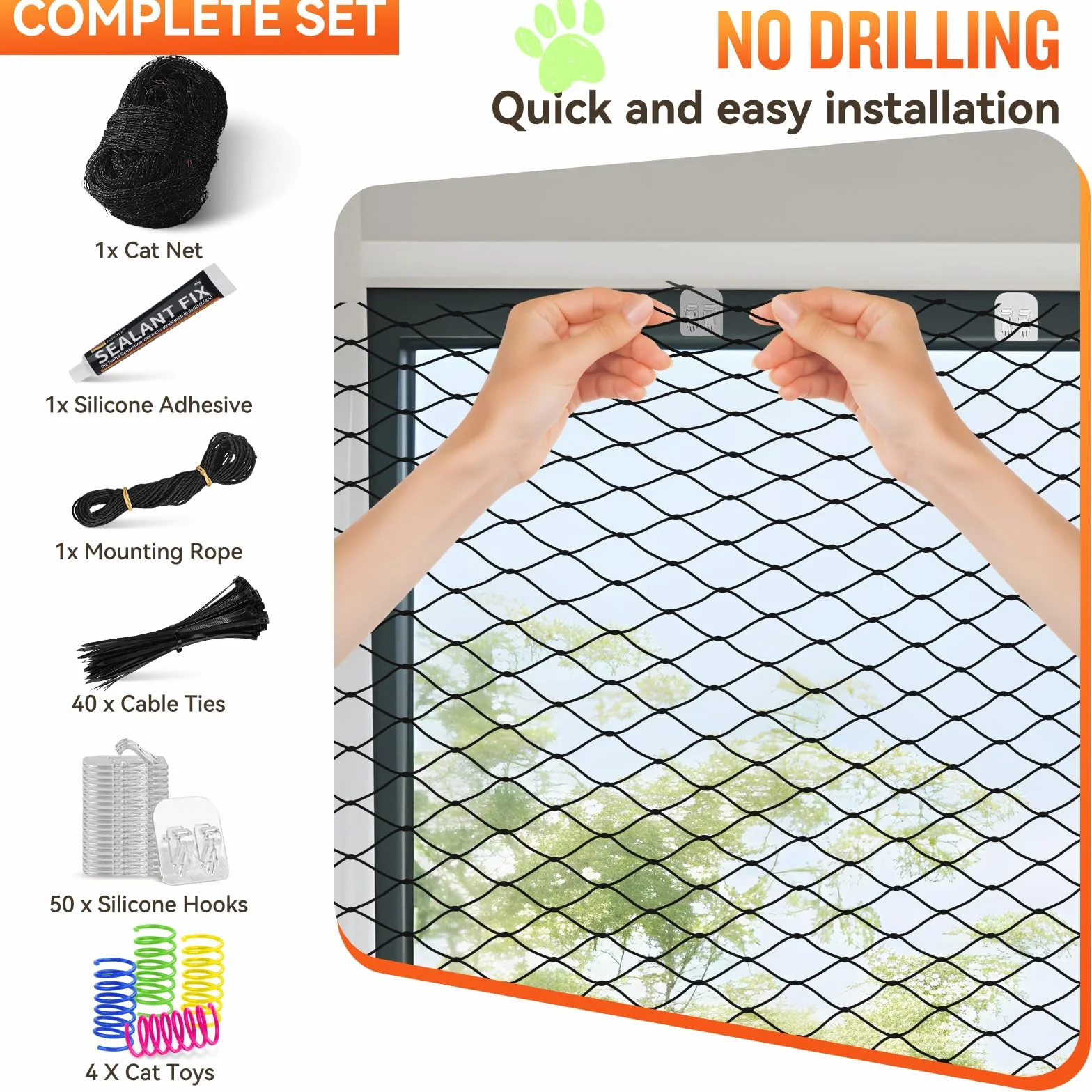 CENOVE Filet de Protection Renforcé Chat 3x4M Balcon Sécurité Anti-Chute avec Crochets