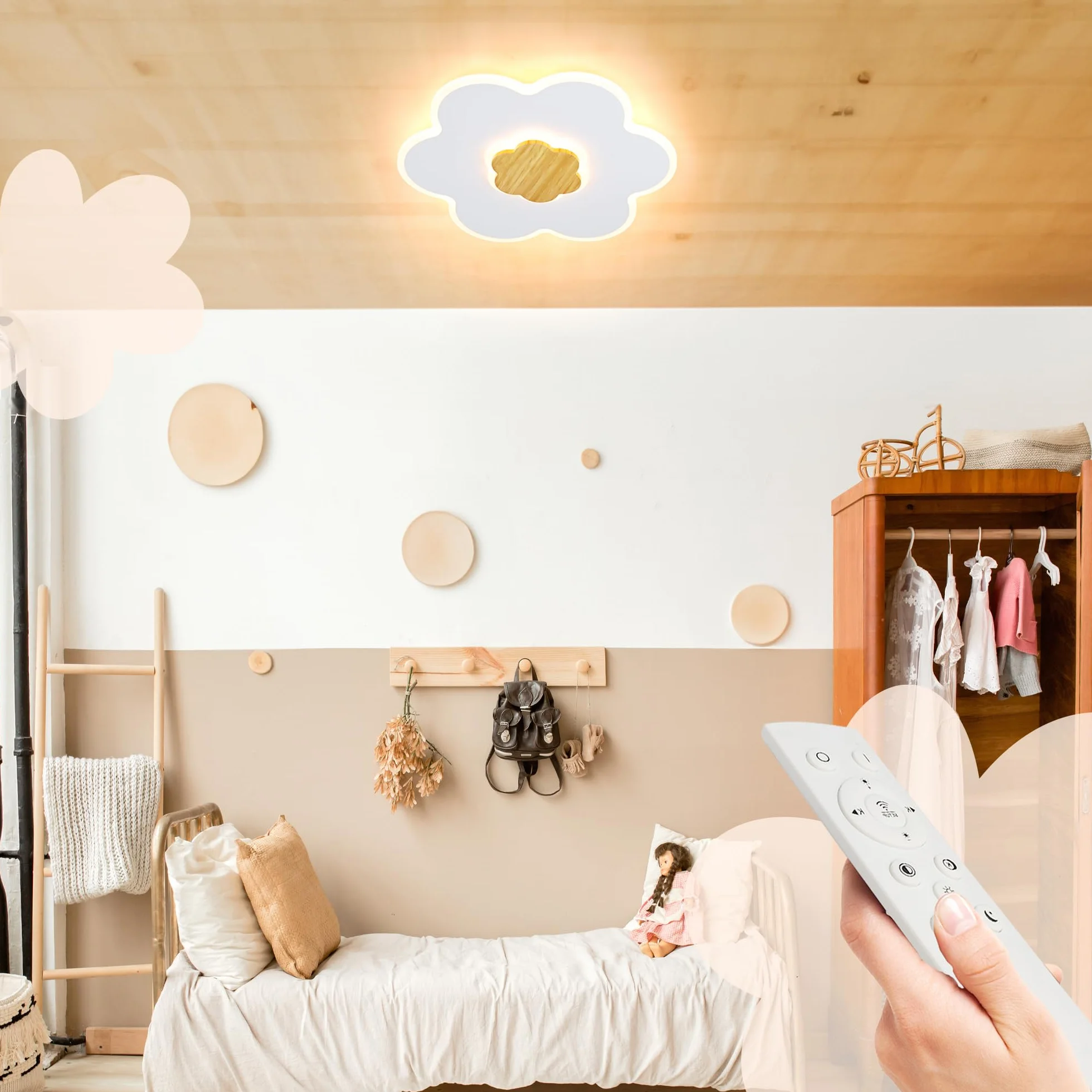 Plafonnier LED Enfant Fleur Bois Dimmable 3000K-6000K 28W 40cm Veilleuse