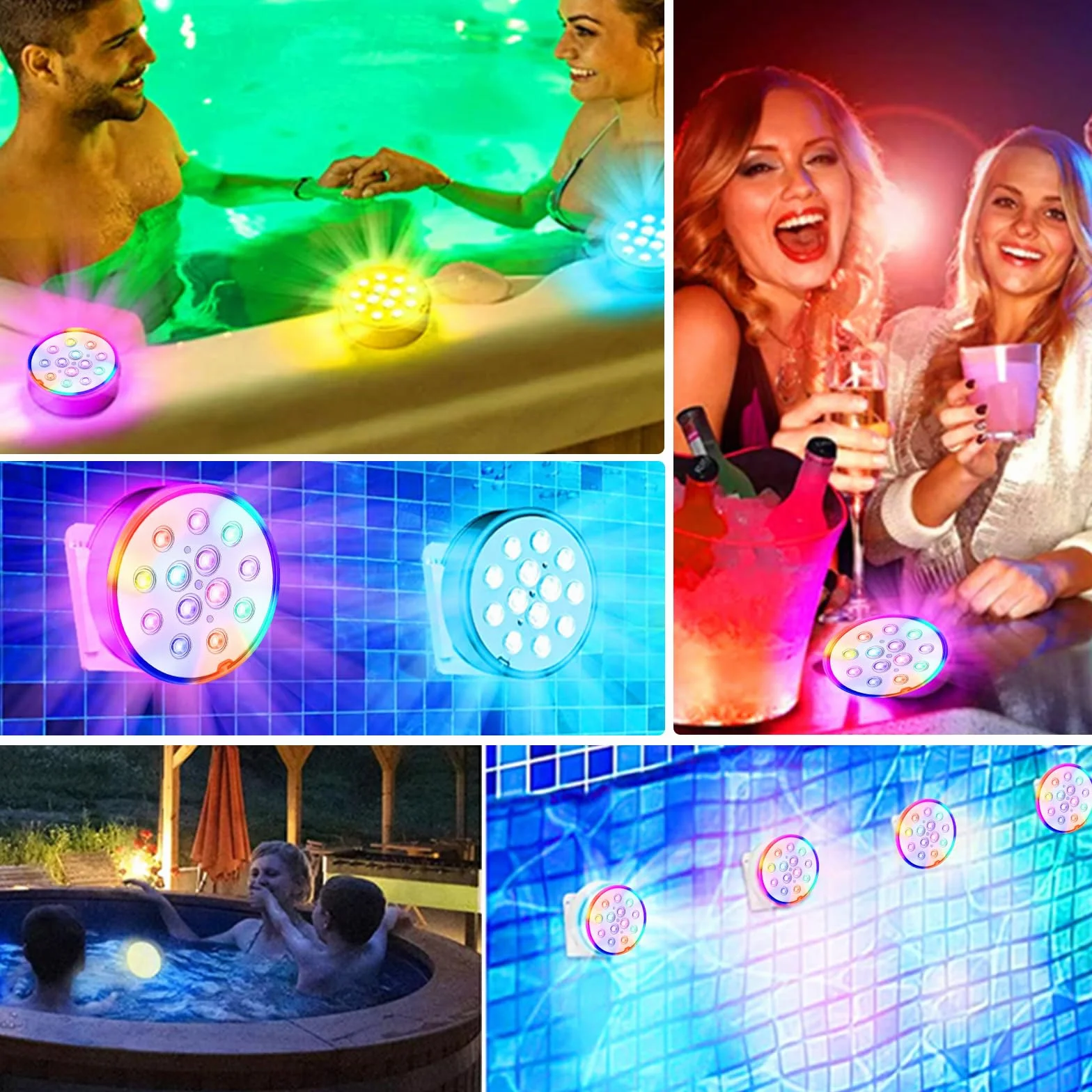 Lumières LED Submersibles Piscine Rechargeables IP68 Étanches Télécommande RF RGB 16 Couleurs 13 LEDs