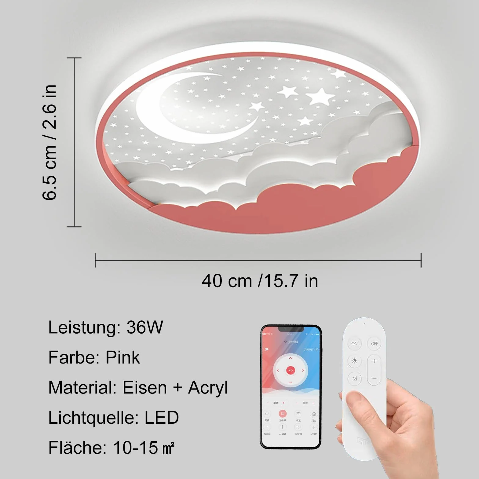 Plafonnier LED Enfants Étoile Lune 40cm Dimmable avec Télécommande 3000-6000K Rose
