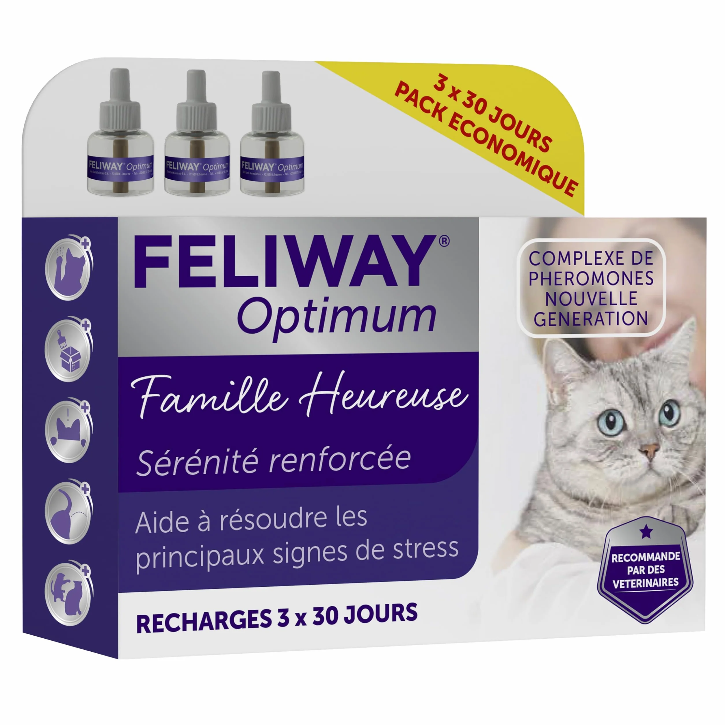 FELIWAY Optimum Anti-Stress pour Chat - Complexe de phéromones apaisantes - Pack économique 3 recharges 3x30 Jours