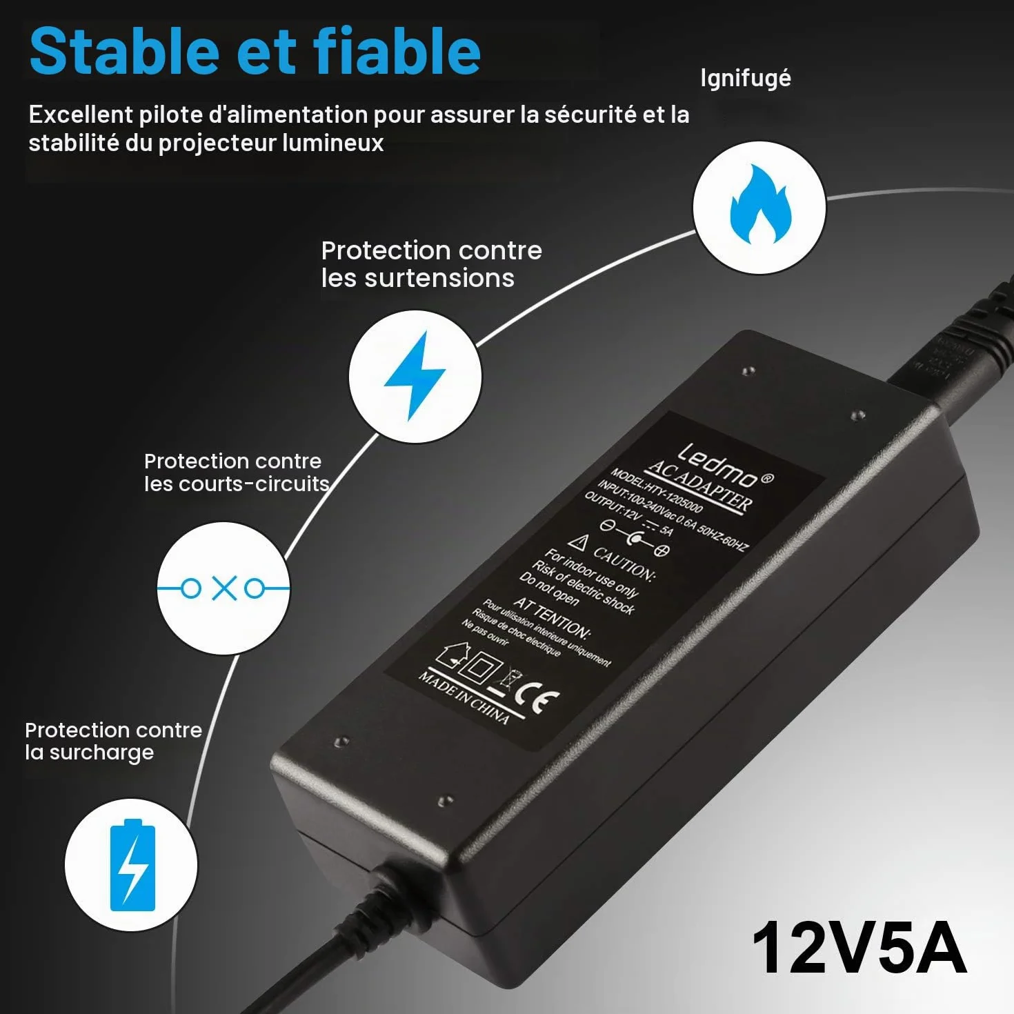 LEDMO Alimentation Adaptateur 12V 5A 60W Chargeur LED Ruban