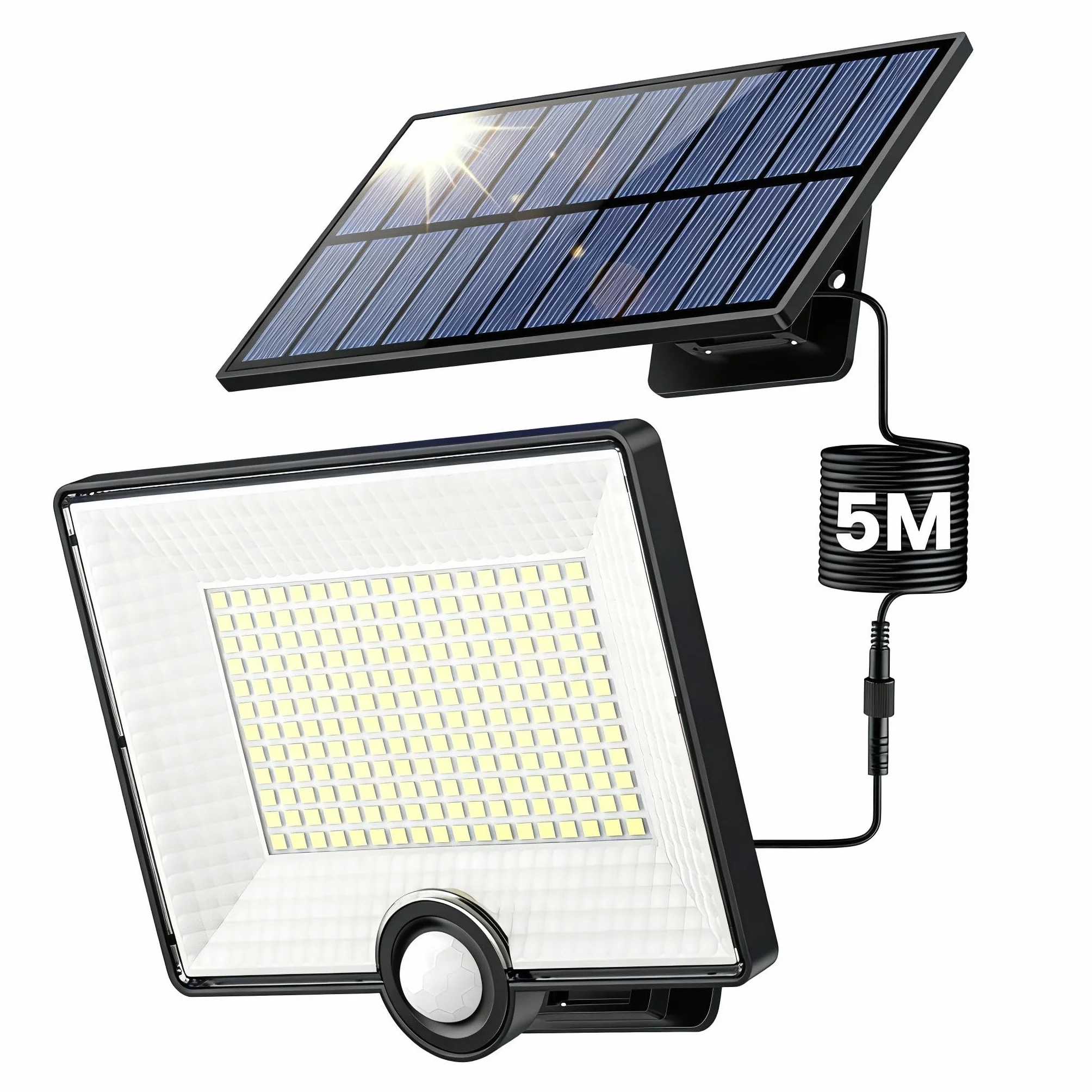 Lampe Solaire Extérieur 204LED 2000lm Détecteur de Mouvement IP65 Étanche avec Câble 16,4ft Jardin