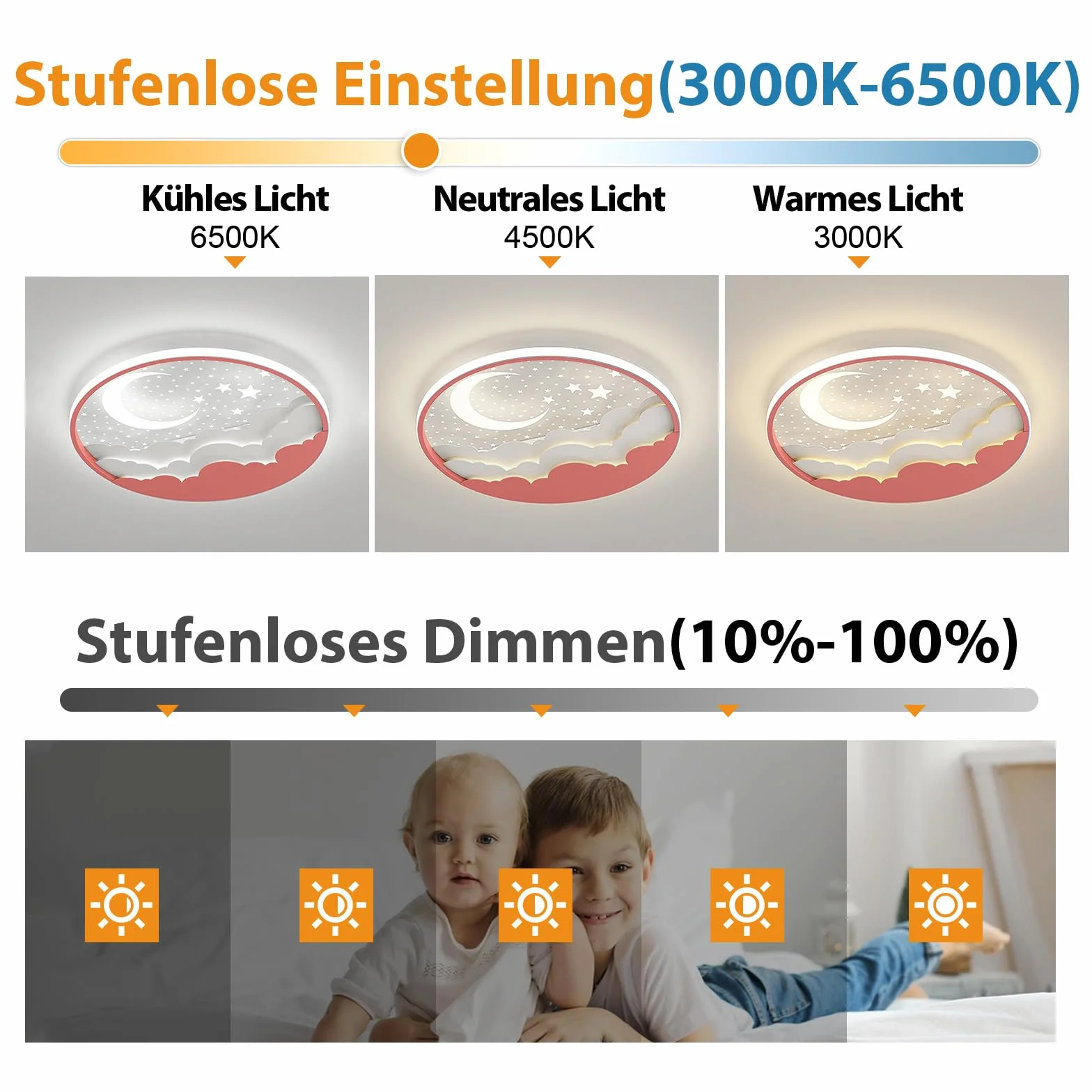 Plafonnier LED Enfant Étoile Lune Dimmable Télécommande 3000-6000K Rose