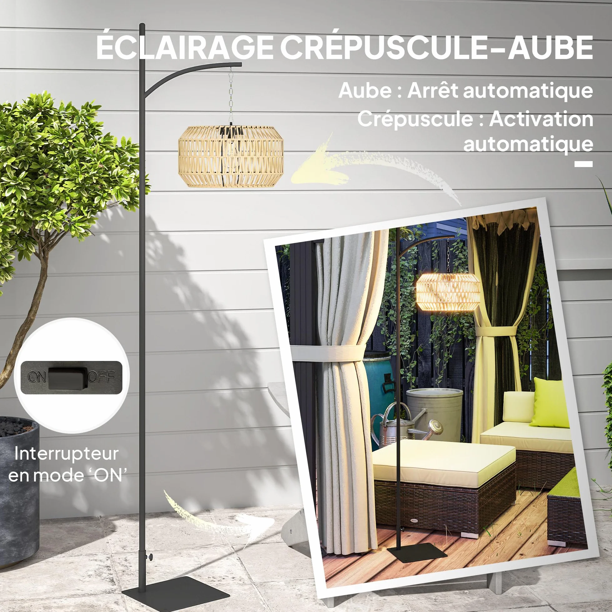 Lampadaire solaire extérieur Outsunny 178 cm résine tressée IP44 jaune