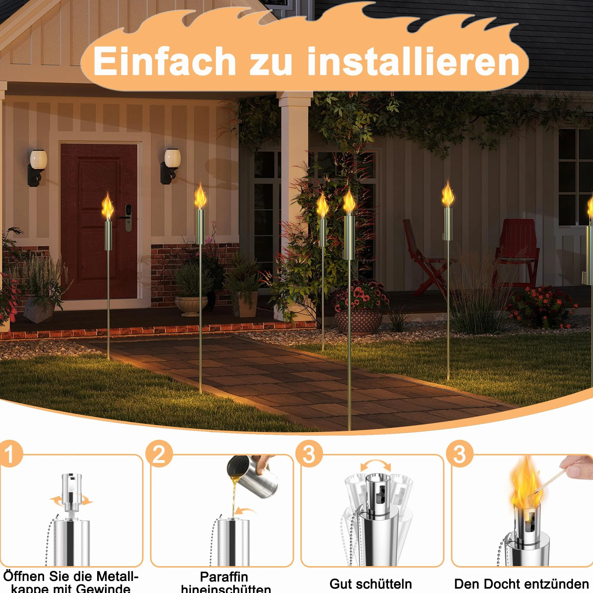 Lot de 6 torches de jardin en acier inoxydable 330 ml 115 cm longue durée combustion huile paraffine