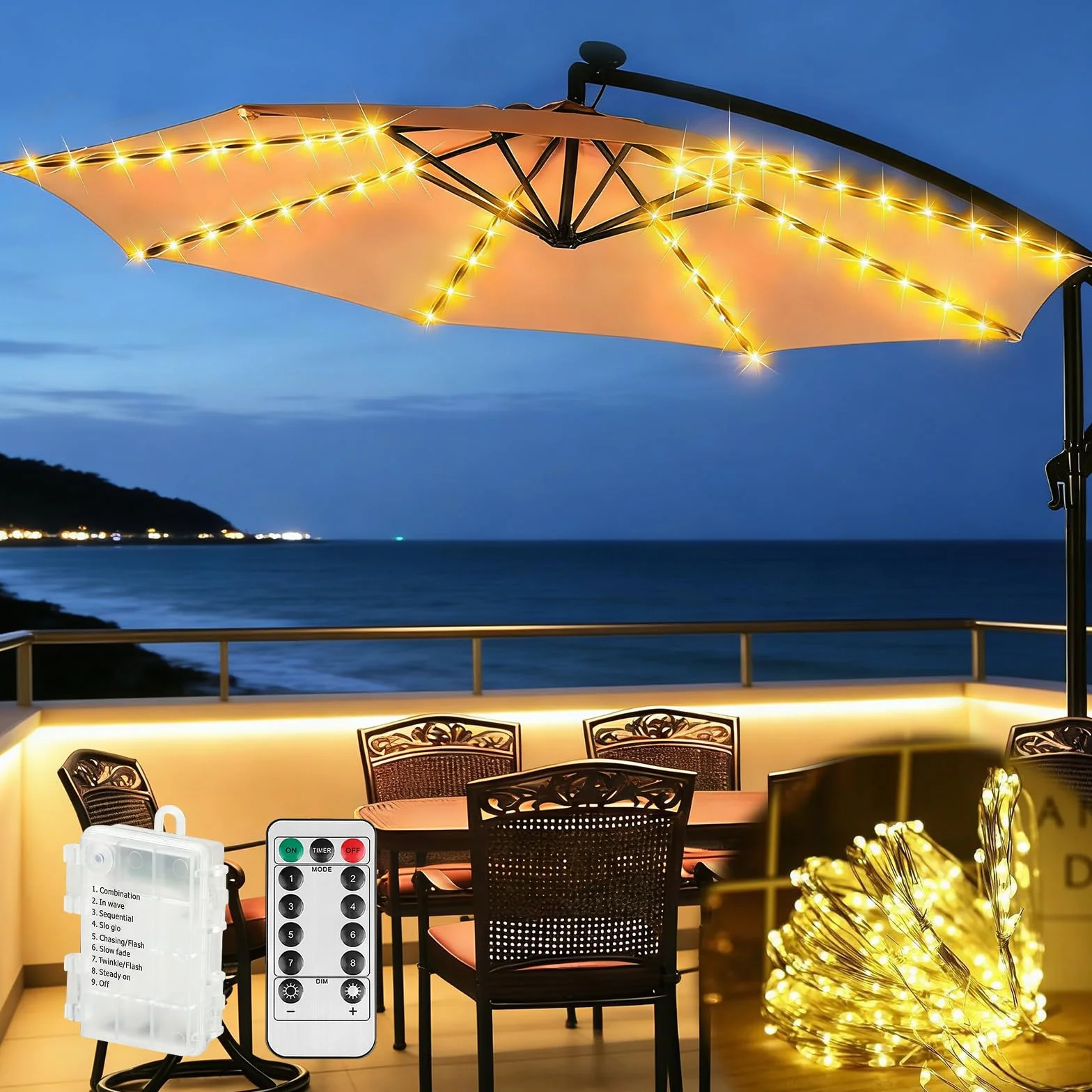 Guirlande Lumineuse pour Parasol 104LED avec Télécommande, Étanche pour Patio et Jardin