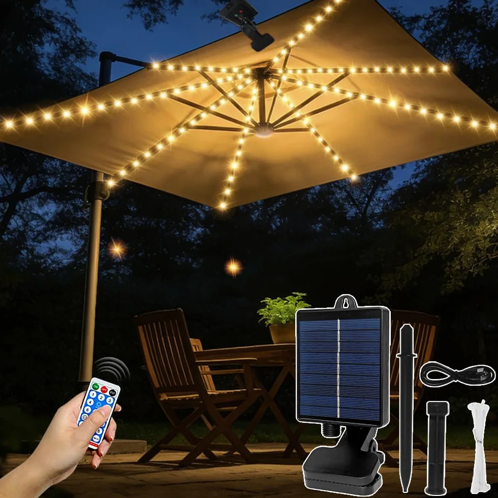 Lampes Solaires pour Parasol 104 LED 8 Modes Télécommande USB Jardin