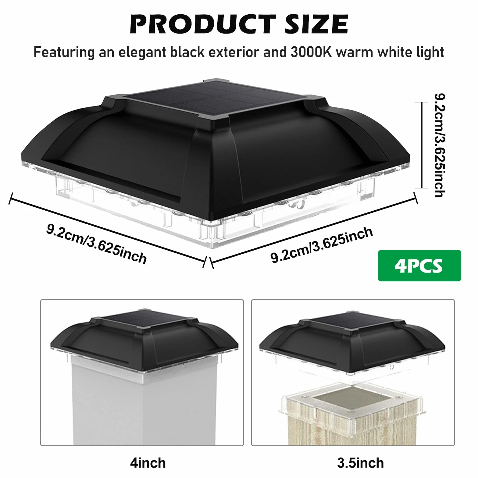 Lot de 4 Capuchon de Poteau Solaire, 13 x 13 x 4,4 cm, Lampes Solaires Sur Poteau pour Clôture Jardin