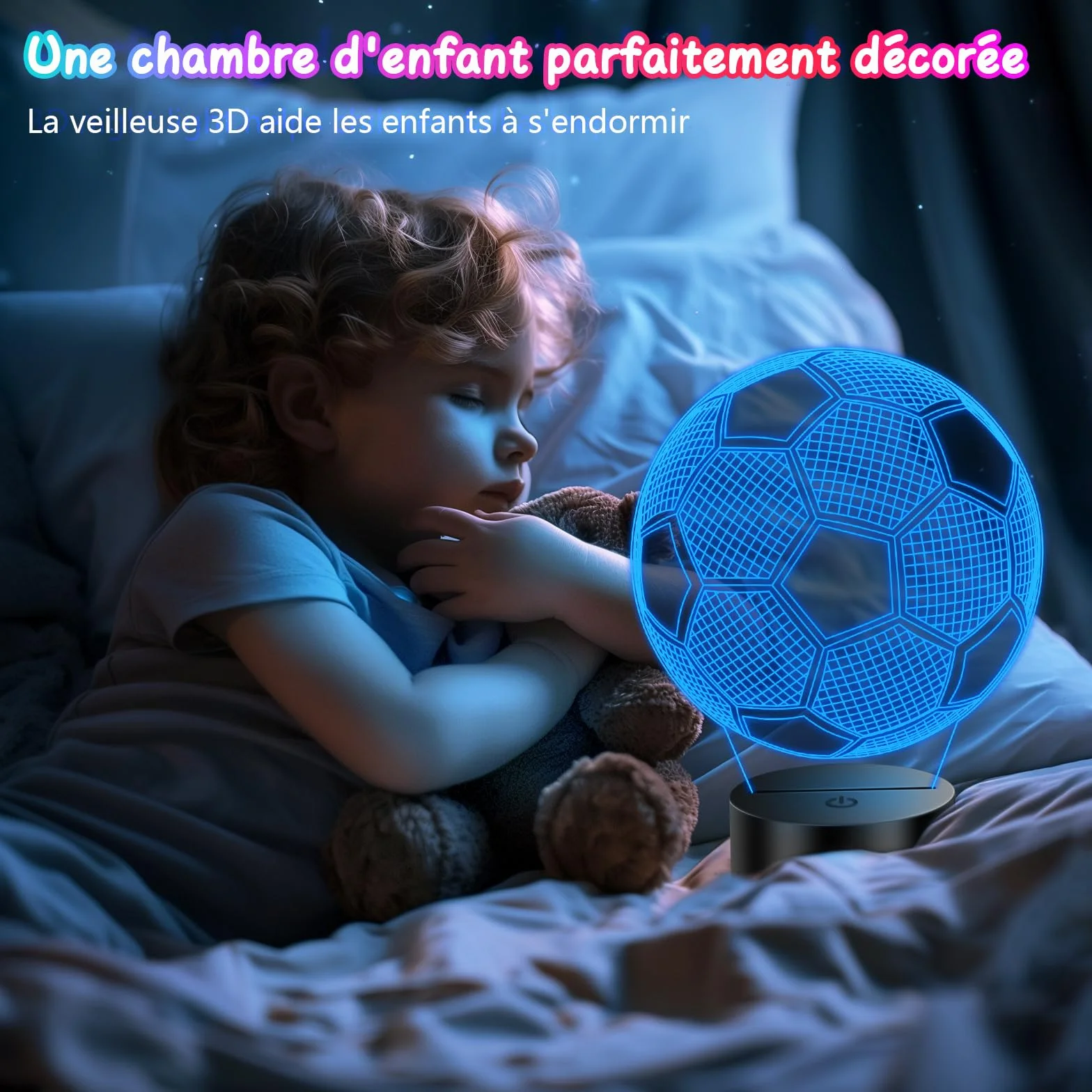 Veilleuse 3D Illusion Football pour Enfants, Lampe Foot Décoration Chambre Garçon 16 Couleurs