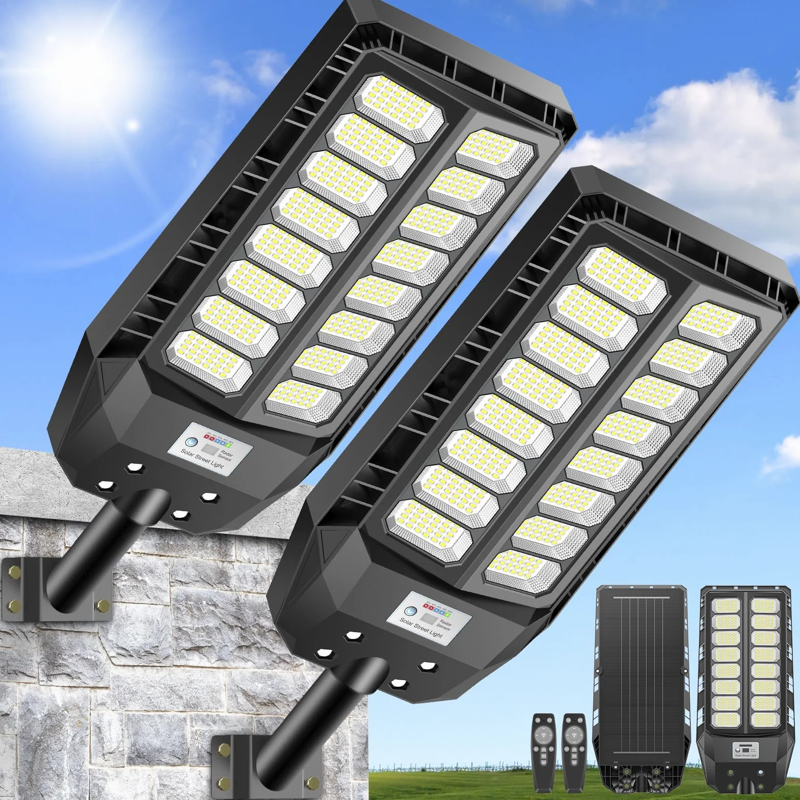 Adewalk 800W*2 Lampe Solaire Extérieure IP66 avec Télécommande et Capteur de Mouvement, 6500K LED Jardin Garage Rue