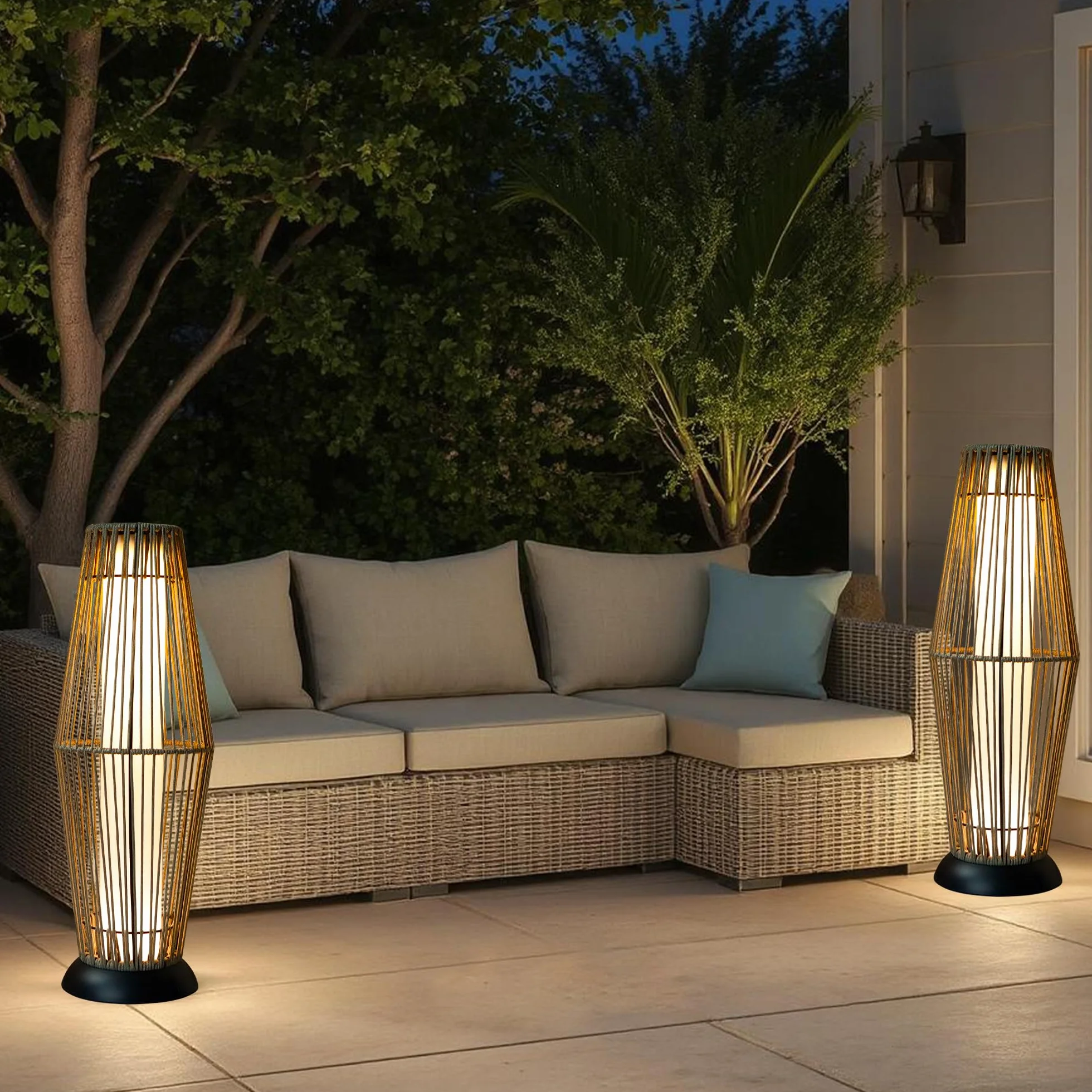 TRIROCKS Lot de 2 lampes solaires en rotin LED IP44 étanche pour extérieur terrasse